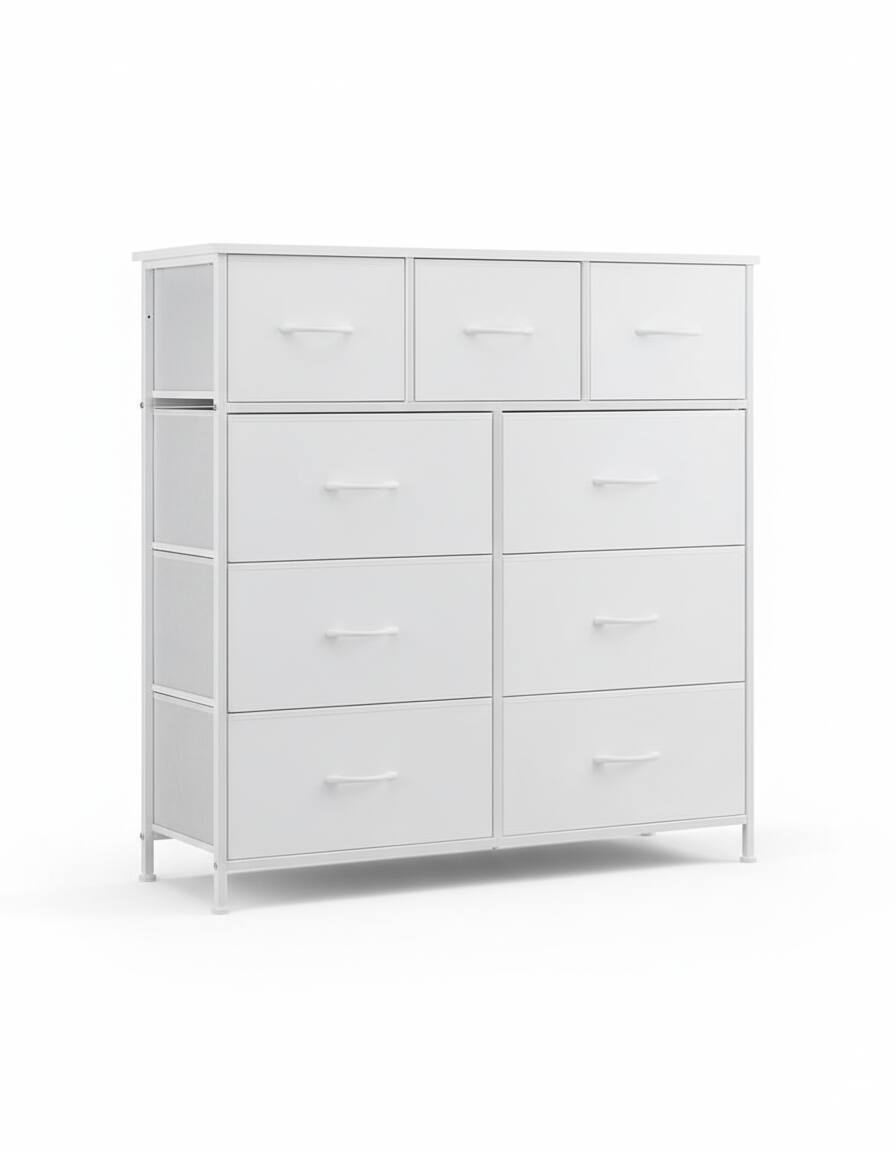 Front. AOITUN - Wide 9-Drawer Fabric Dresser 47", White Storage Chest with Narrow Depth, Horizontal Organizer for Bedroom - White.