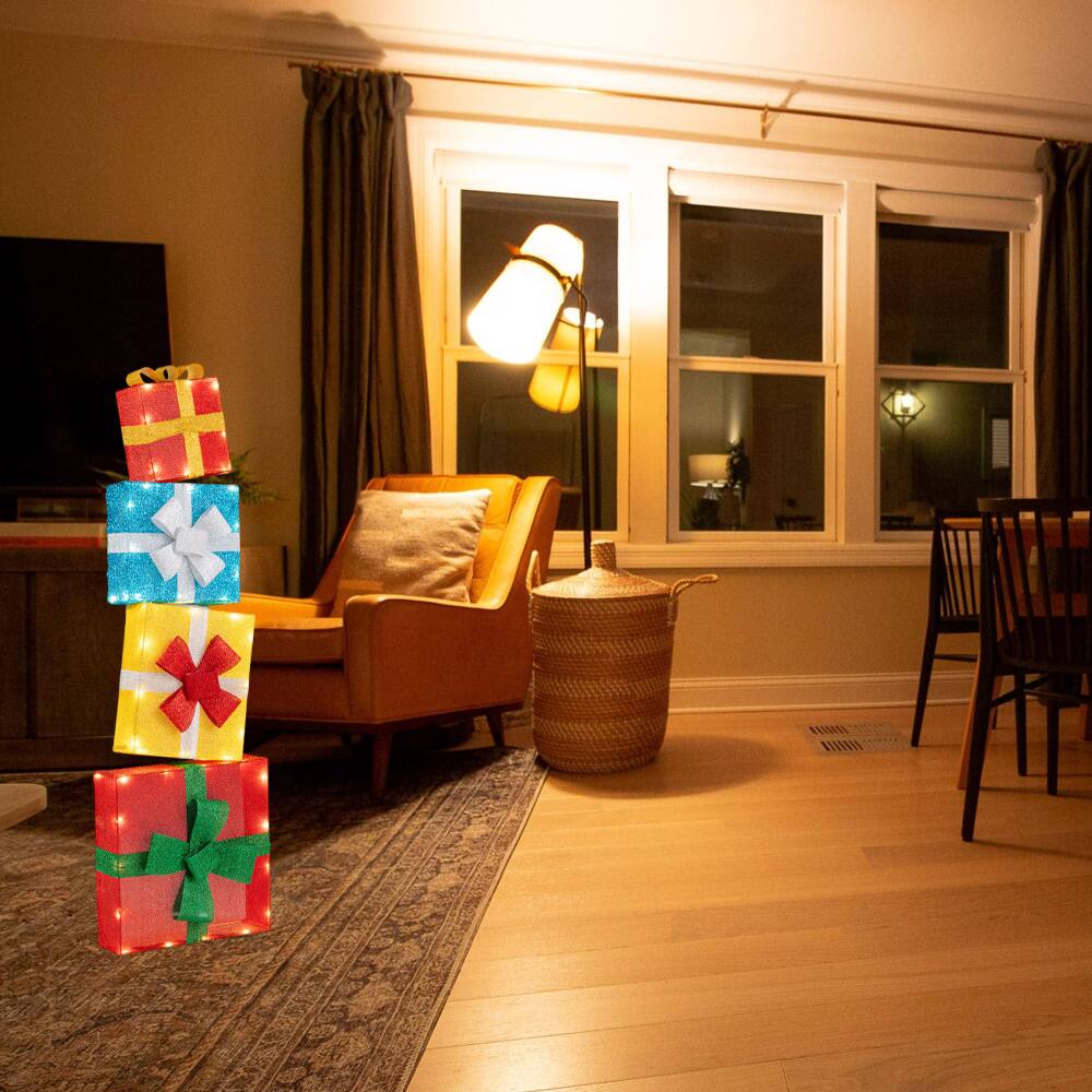 BreeBe - Set of 4 Pre-Lit 2D Christmas Gift Box Decorations – Lighted Stacked Holiday Presents - Multi-color