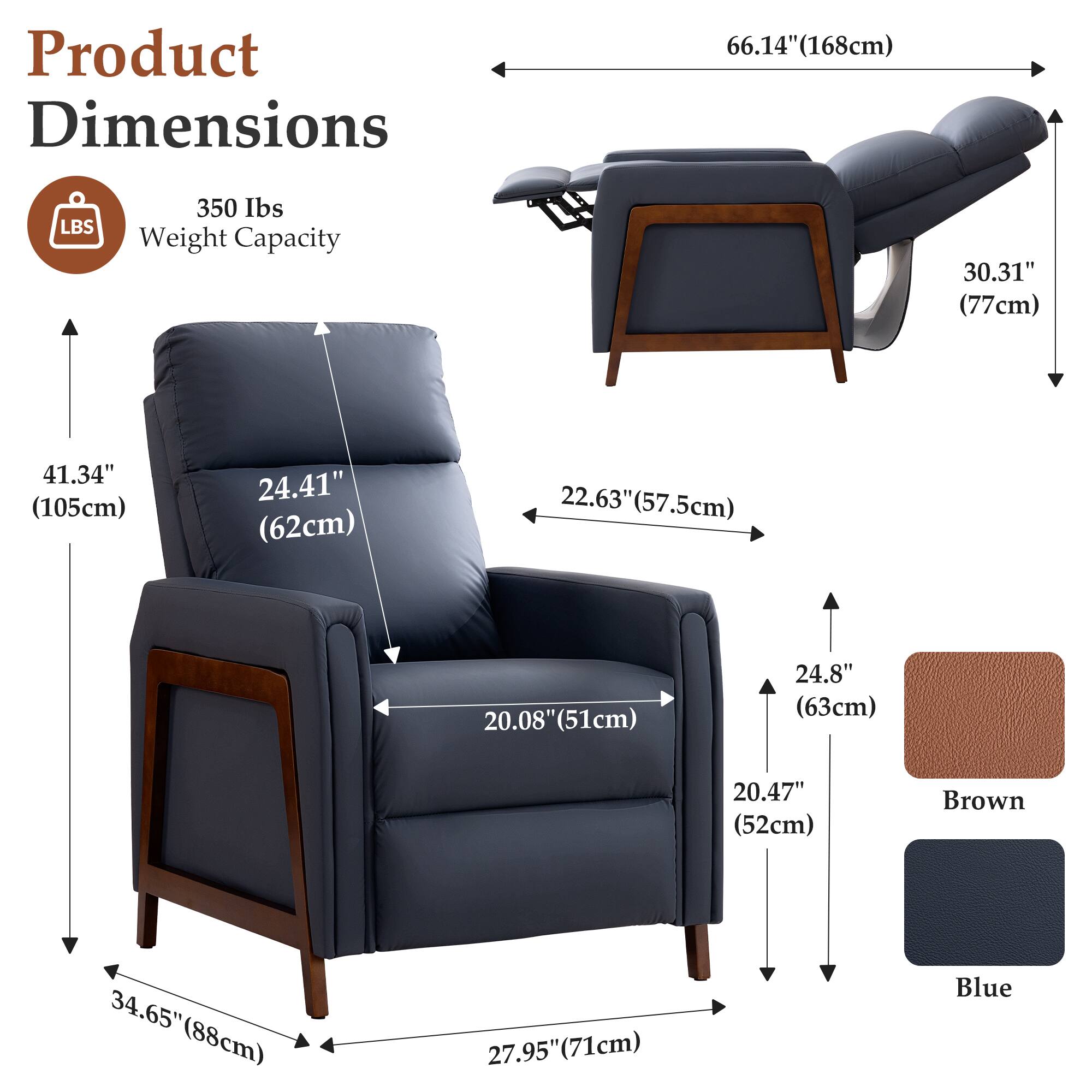 Product Dimensions: 66.14" (168cm) x 30.31" (77cm) x 41.34" (105cm)  
Weight Capacity: 350 lbs  
Dimensions: 24.41" (62cm) x 22.63" (57.5cm) x 20.08" (51cm) x 24.8" (63cm) x 20.47" (52cm)  
Colors: Brown, Blue