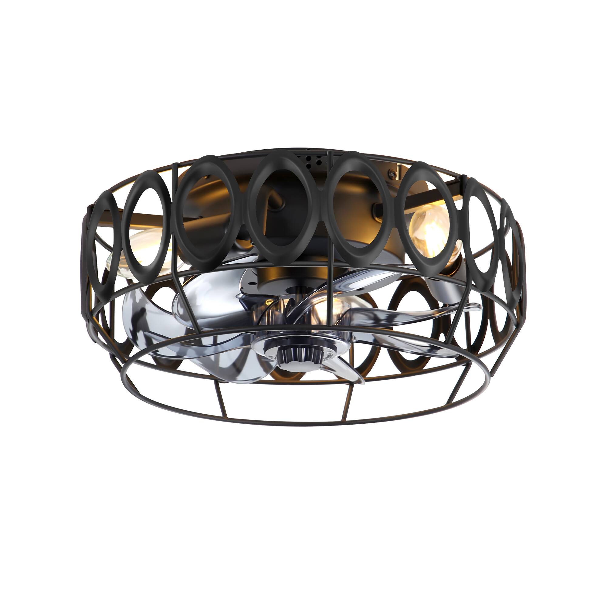 Angle. Breezary - 13'' Flush Mount Mini Small Ceiling Fan with Light Fixture, Remote, DC Motor, Farmhouse Cage Design for Bedroom - Matte Black.