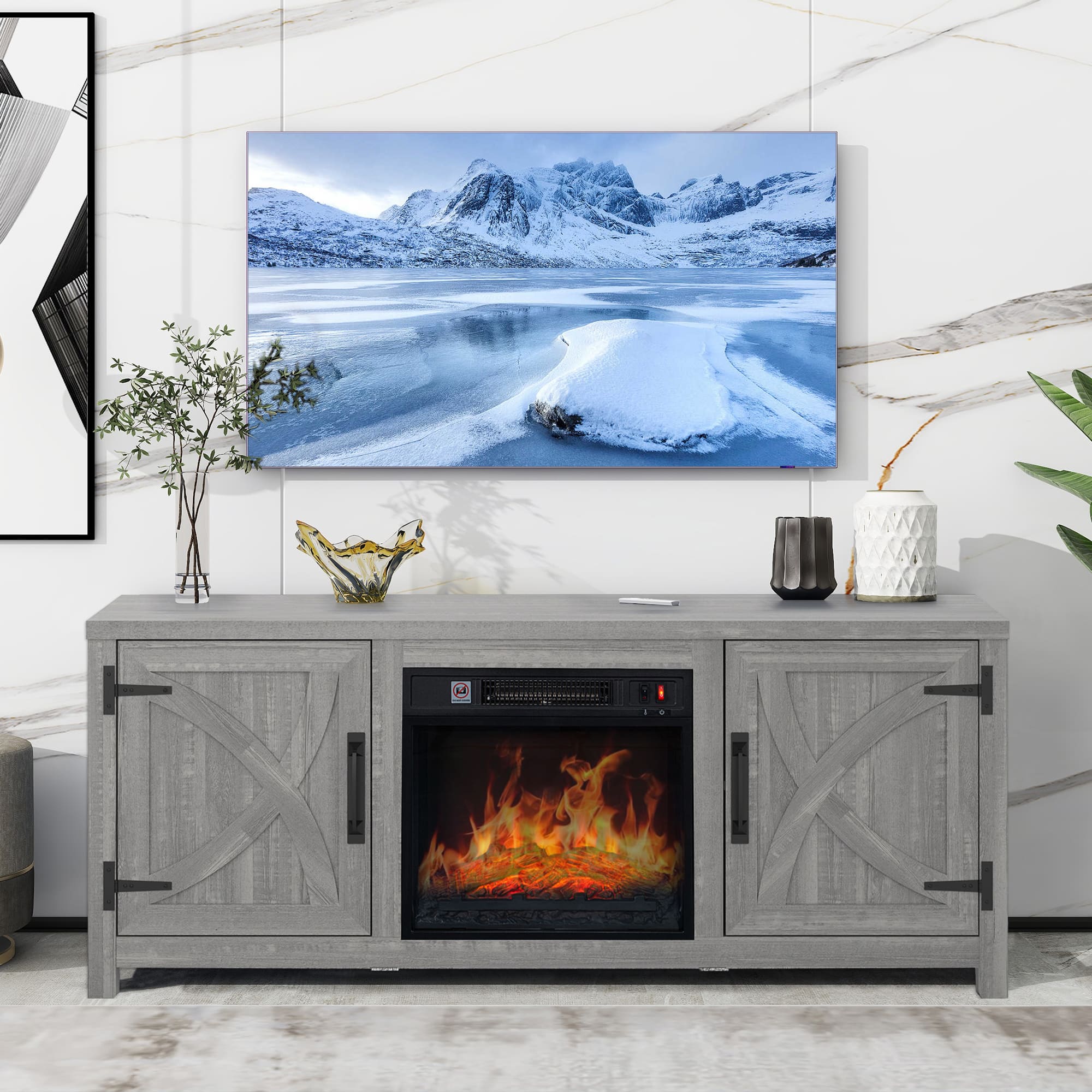 Front. Ihomeadore - 58" Farmhouse TV Stand for TV up to 65" with Electric Fireplace - Gray.