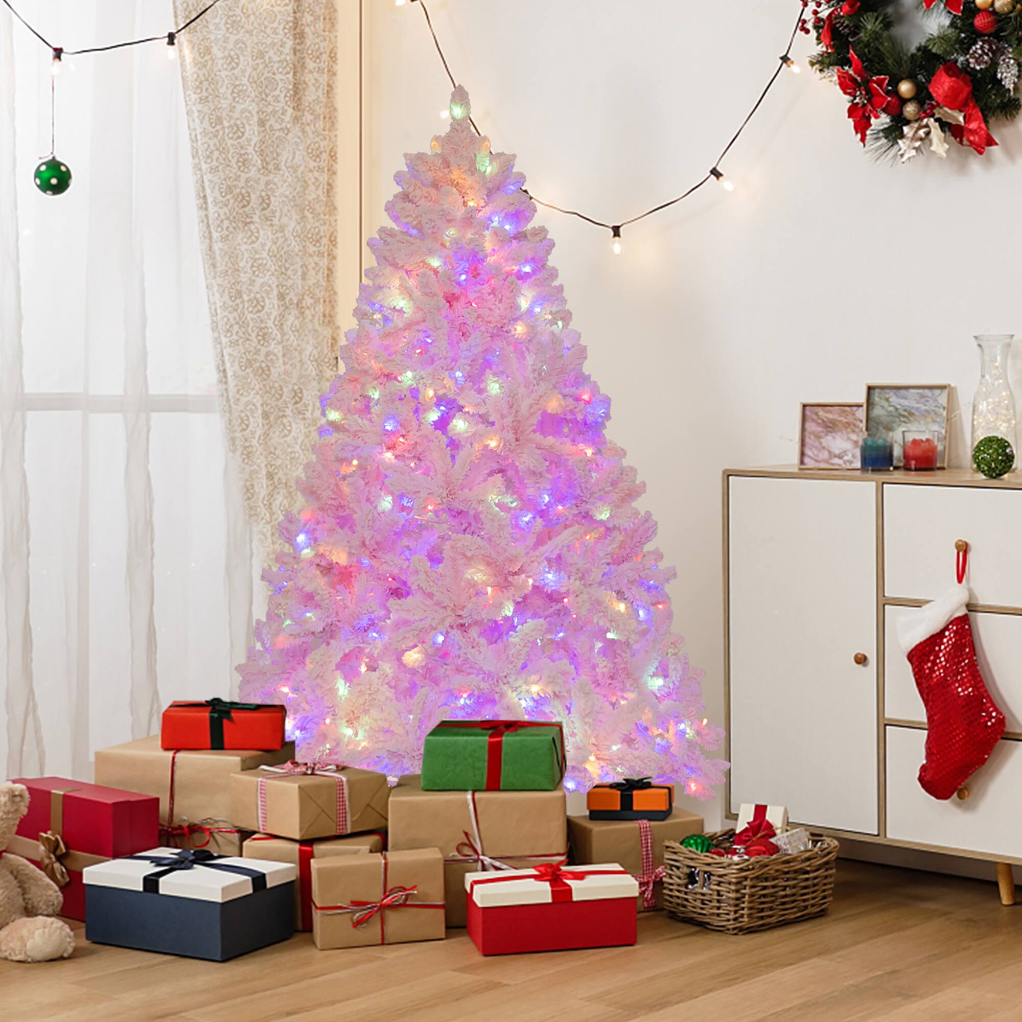 Alt View 1. Gymax - Gymax 6FT Pink Artificial Christmas Tree w/ 808 Branch Tips 8 Lighting Modes & 350 Multi-color LED Lights - Pink.