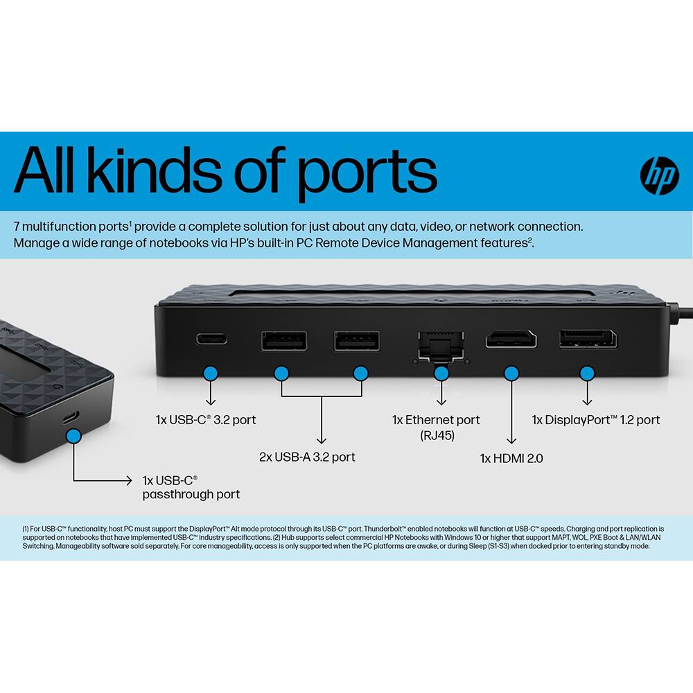All kinds of ports

7 multifunction ports* provide a complete solution for just about any data, video, or network connection. Manage a wide range of notebooks via HP's built-in PC Remote Device Management features*.

- 1x USB-C 3.2 port
- 2x USB-A 3.2 port
- 1x Ethernet port (RJ45)
- 1x DisplayPort 1.2 port
- 1x HDMI 2.0
- 1x USB-C passthrough port

For USB-C functionality, host PC must support the DisplayPort Alt mode protocol through its USB-C port. Thunderbolt-enabled notebooks will function at USB-C speeds. Charging and port replication is supported on notebooks that have implemented USB-C industry specifications.

Hub supports select commercial HP Notebooks with Windows 10 or higher that support MAPL, WOL, PXE Boot & LAN/WLAN Switching. Manageability software sold separately. For core manageability, access is only supported when the PC platforms are awake, or during Sleep (S3-S3) when docked prior to entering standby mode.

*For USB-C functionality, host PC must support the DisplayPort Alt mode protocol through its USB-C port. Thunderbolt