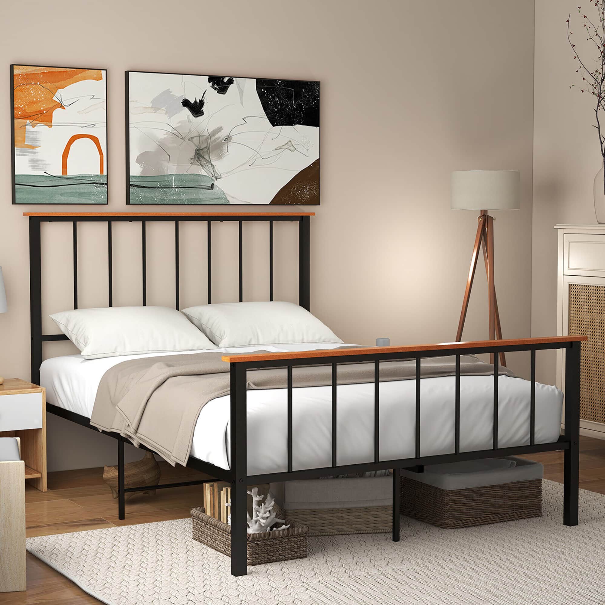 Gymax - Full Size Metal Platform Bed Frame Mattress Foundation with Headboard Industrial - Black