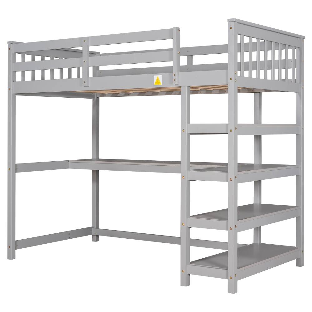 Alt View 10. Loheer - Loheer Twin Loft Bed with Desk and Storage Shelves, Solid Pine Wood Space-Saving Bed Frame, Gray - Gray.