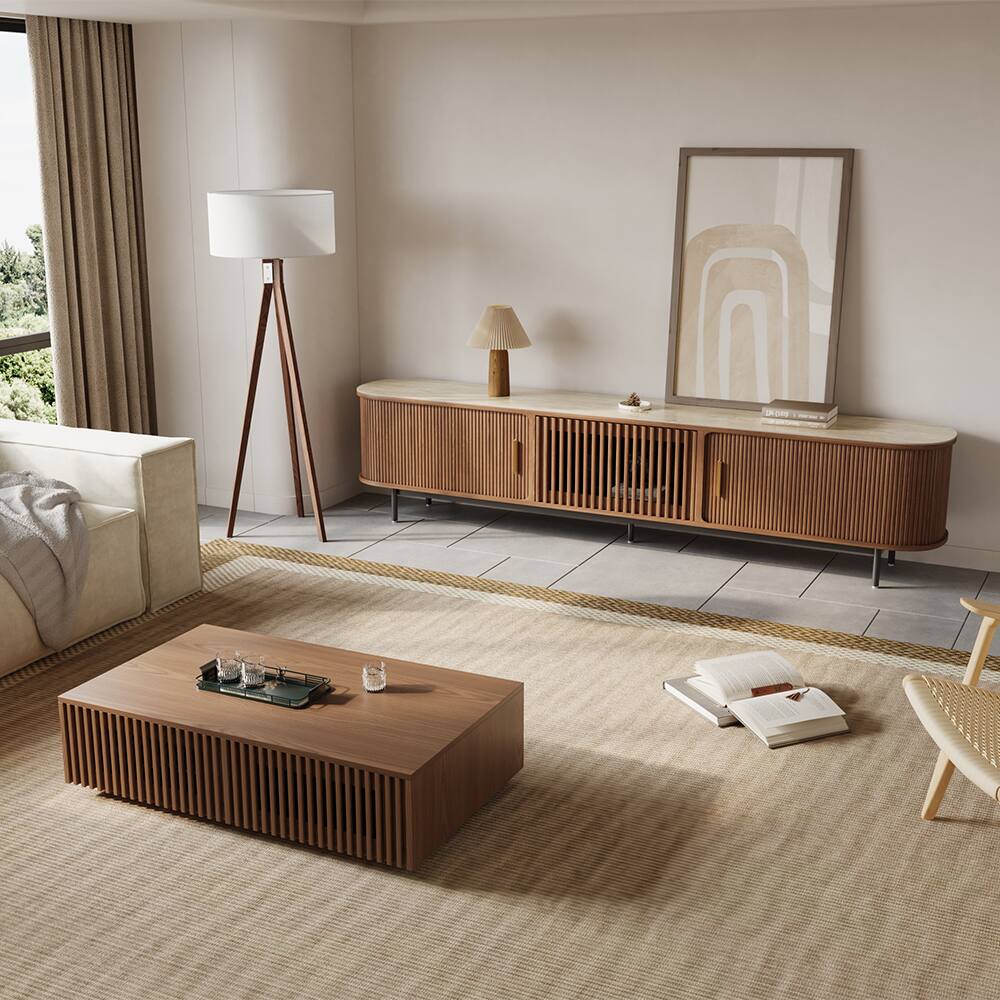 Left. POVISON - 94"Mid-Century Modern Sintered Stone Tabletop TV Stand - Walnut with Sintered Stone.