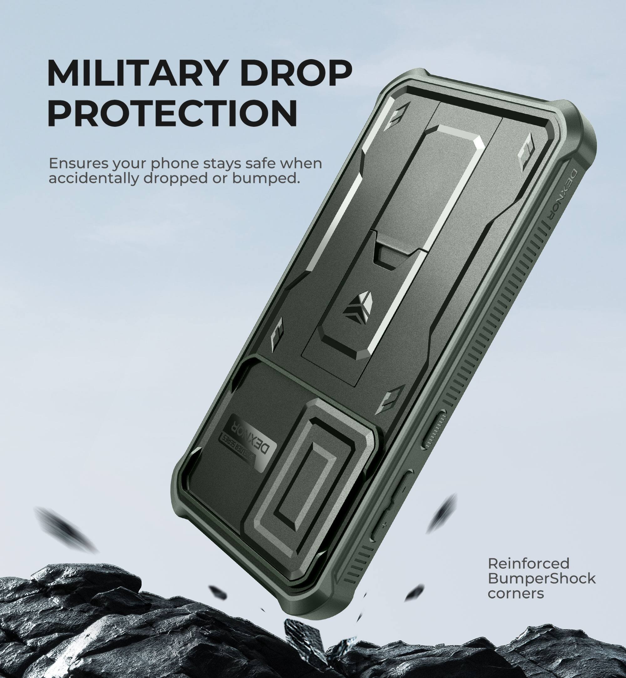 MILITARY DROP PROTECTION  
Ensures your phone stays safe when accidentally dropped or bumped.  

Reinforced BumperShock corners