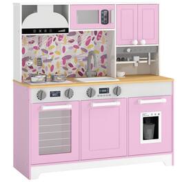 Qaba - Play Kitchen, Kids Kitchen Playset with Coffee Maker, Ice Maker, Clicking Knobs, Storage - Pink