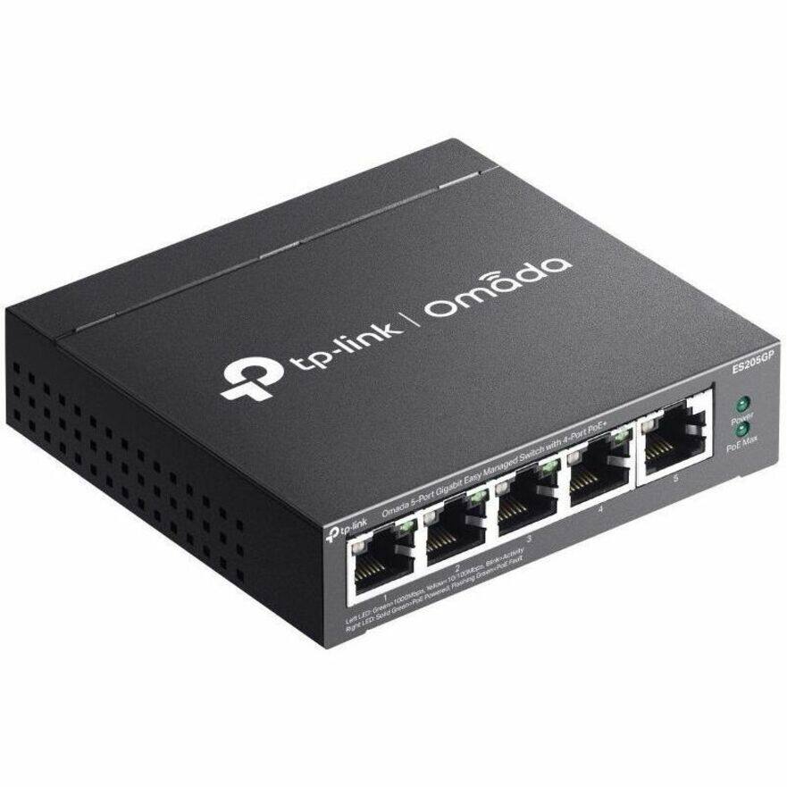 TP-Link | Omada  
ES205GP  
5-Port Gigabit Easy Managed Switch with 4-Port PoE+  
Power Max: 100W  
LED Indicators: 10 LEDs  
10/100/1000Mbps Ethernet Ports  
10/100/1000Mbps Uplink Port