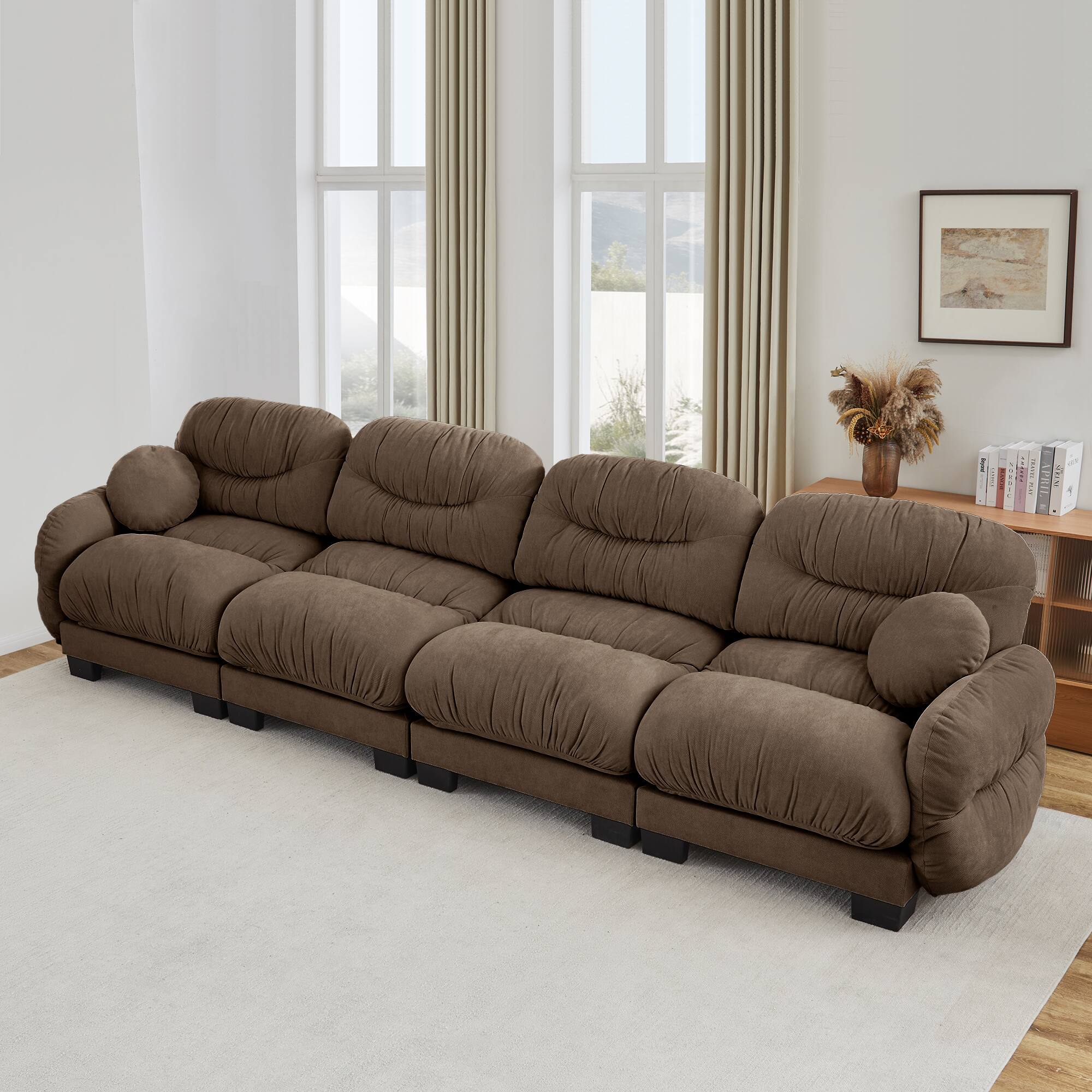 Angle. Anysun - 4 Seater Modular Sofa with Chenille Fabric, High-Density Foam & Curved Armrests, Pleated Design for Living Room - Brown.