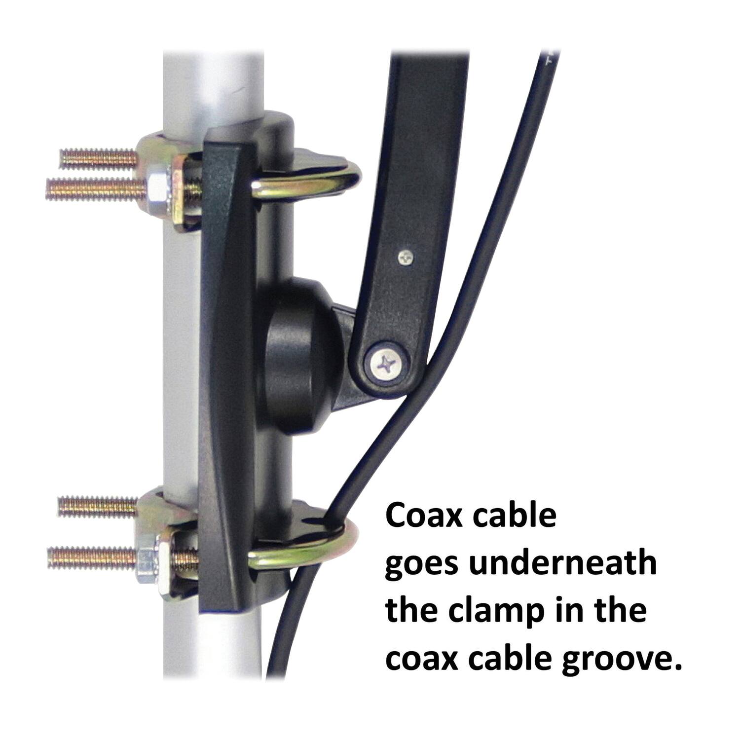 Coax cable goes underneath the clamp in the coax cable groove.