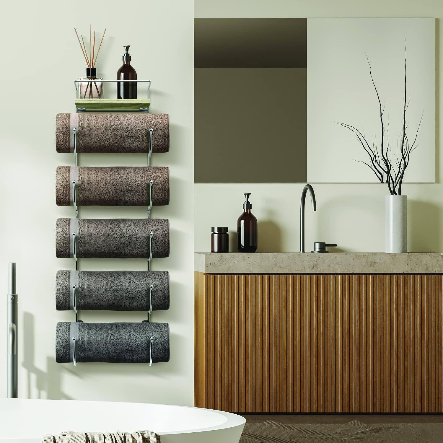 Alt View 2. Sorbus - Sorbus Bathroom Towel Holder - 5 Tier Metal Towel Rack with Wood Shelf for Rolled Bath Towels, Washcloths, Linens - Silver.