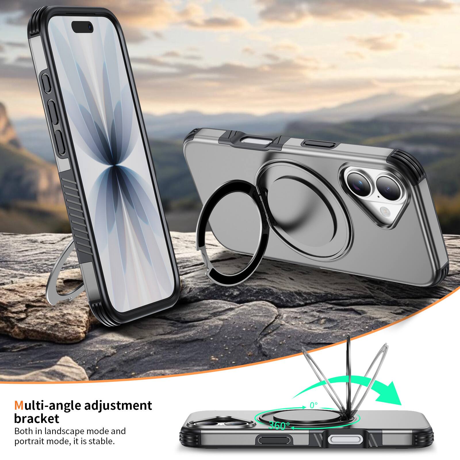 Multi-angle adjustment bracket  
Both in landscape mode and portrait mode, it is stable.  
360°