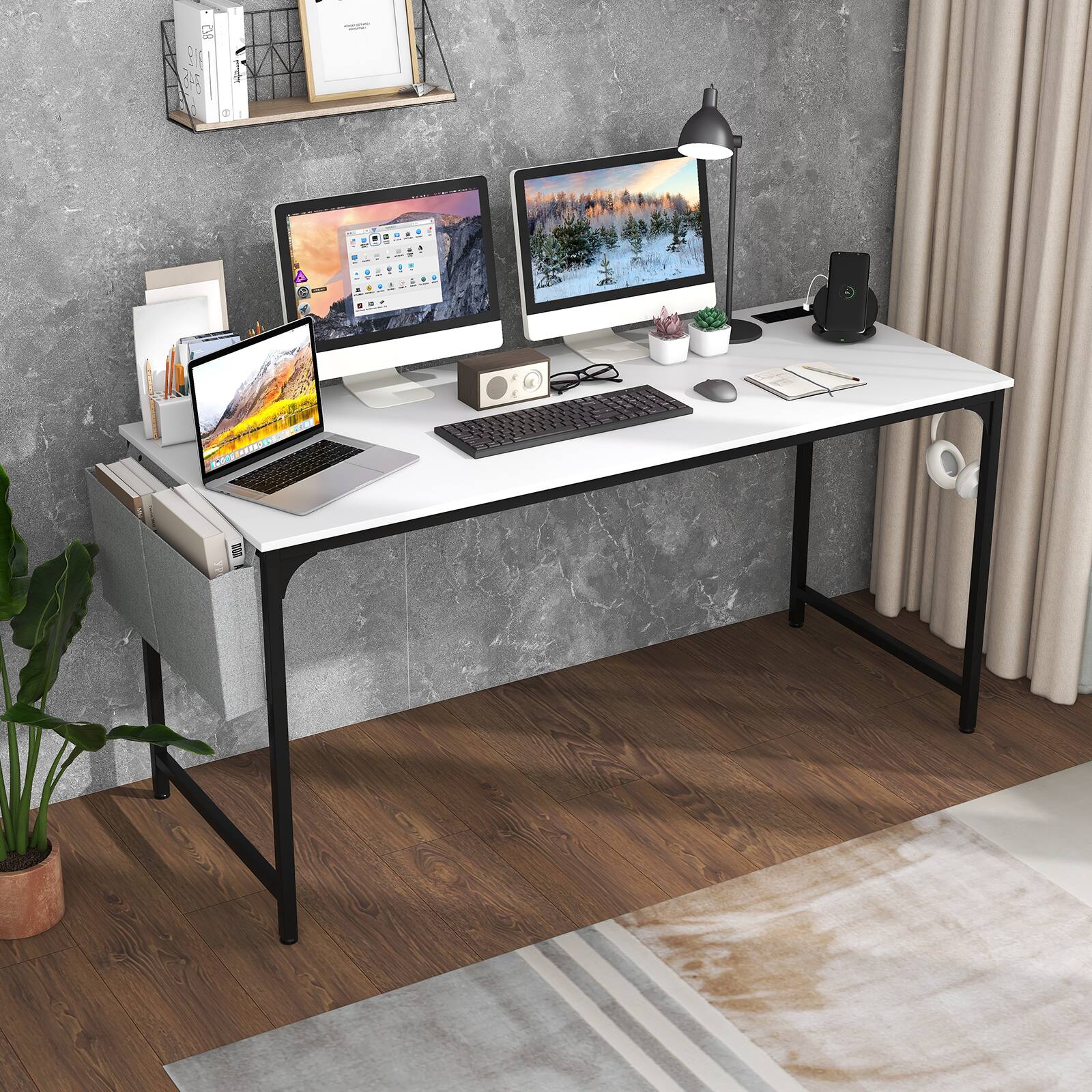 Alt View 7. Ecooso - 60 Inch Computer Desk with Built-In Charging Station, Storage Bag and Spacious Desktop - White.