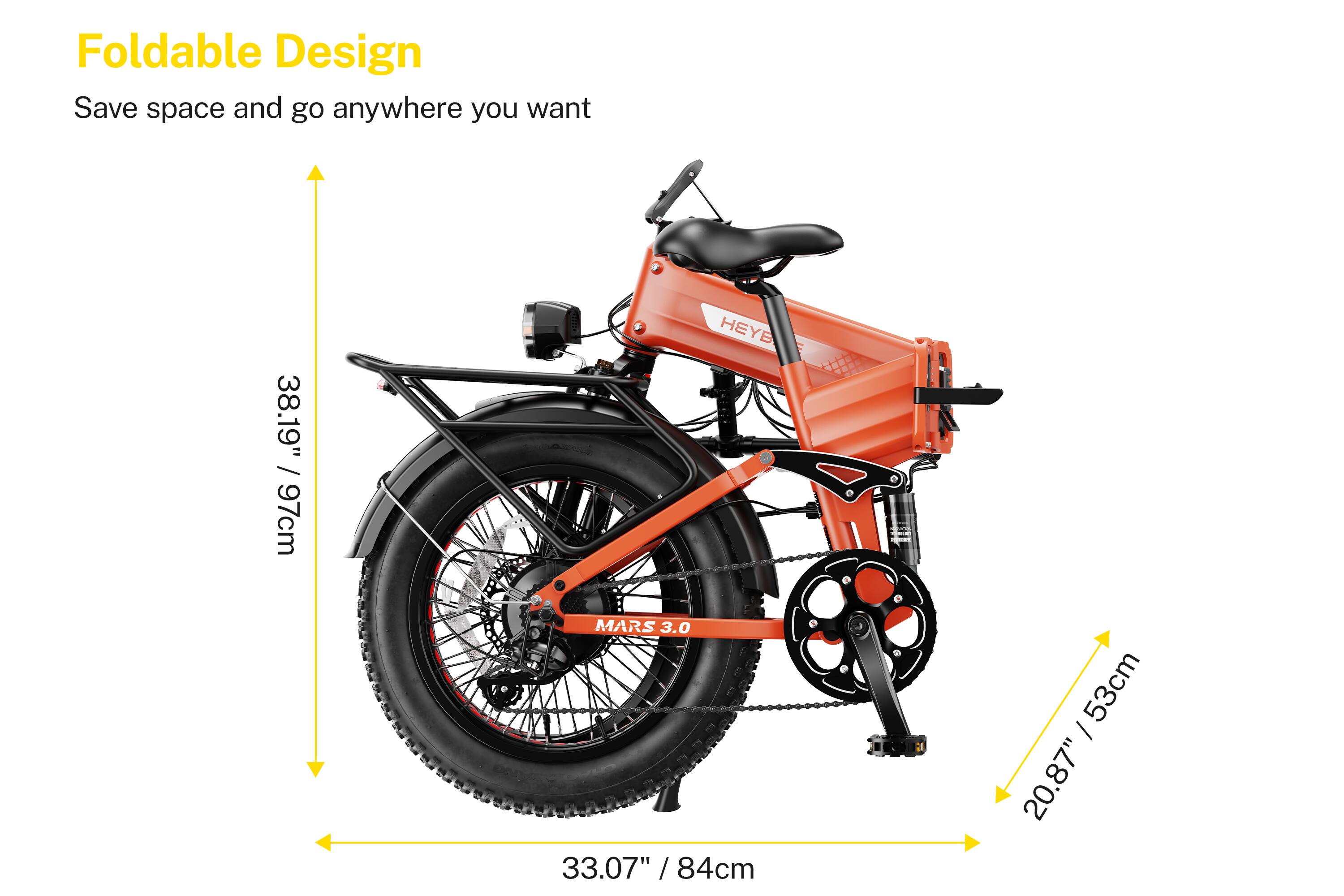 Foldable Design  
Save space and go anywhere you want  

38.19" / 97cm  
33.07" / 84cm  
20.87" / 53cm  
53cm