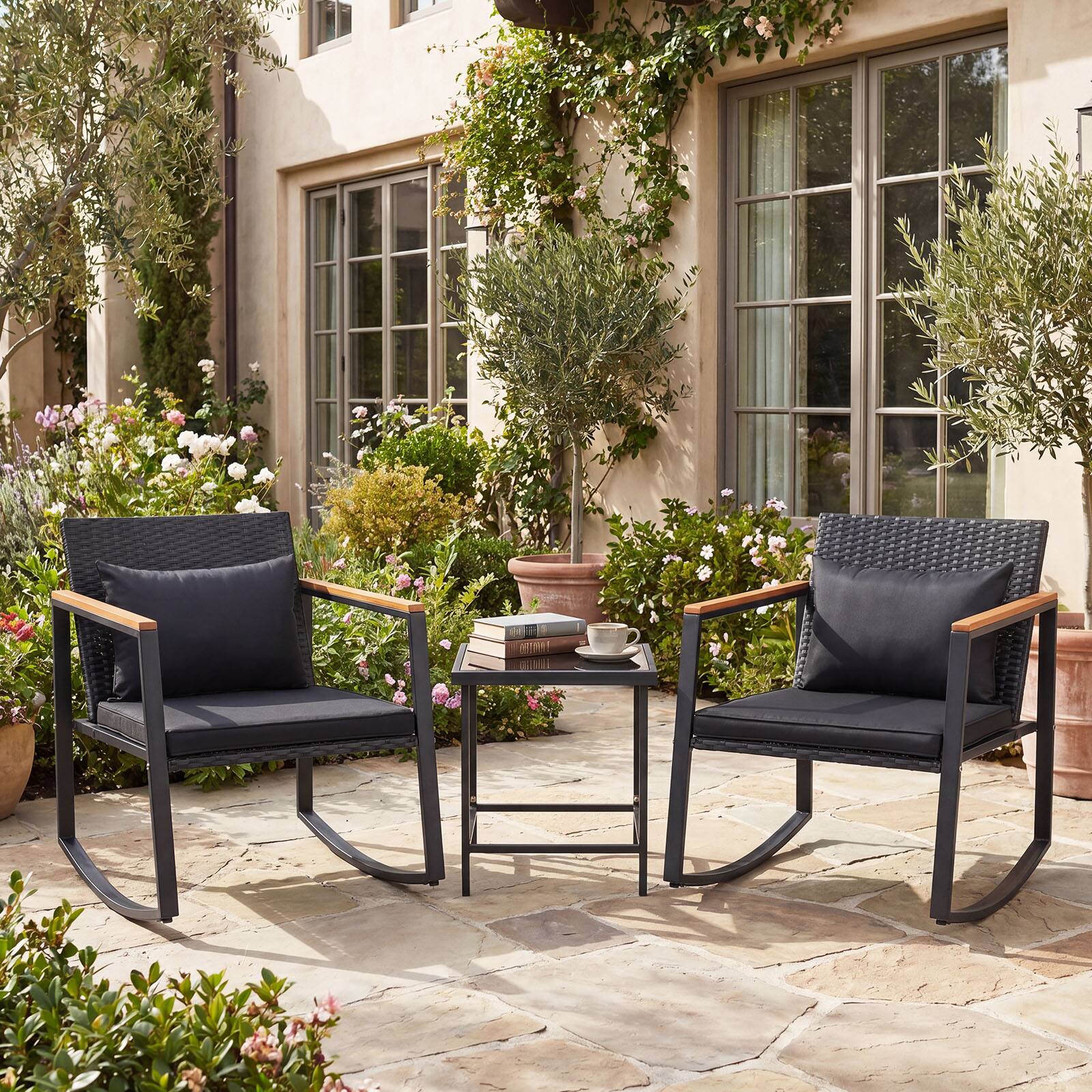 Alt View 1. Costway - Costway 3-Piece Outdoor Rocking Bistro Set, Patio Rocking Chairs & Coffee Table Set - Black,Brown.