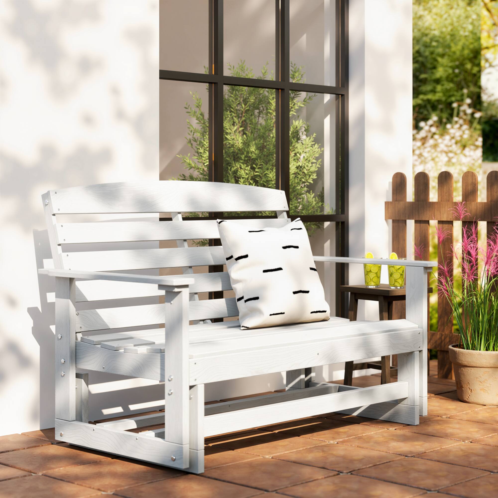Alt View 8. Outsunny - Glider Bench w/ HDPE Slatted Double Rocking Chair - Distressed White.