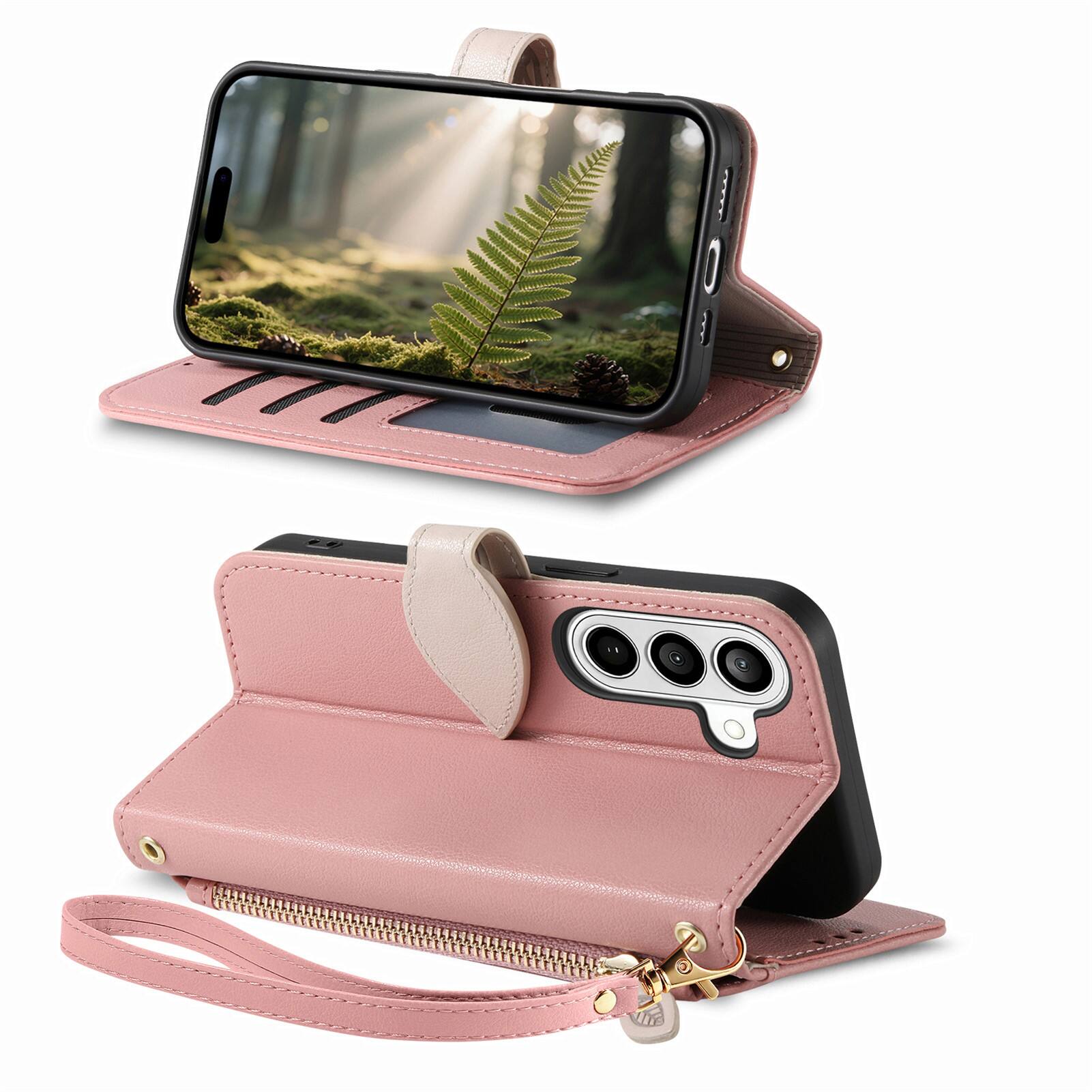 Back. Dteck - for Samsung Galaxy S26 Wallet Case,PU Leather Flip Zipper Card Slot Leaf-Buckle Shockproof Cover with Wrist Strap - Rosegold.