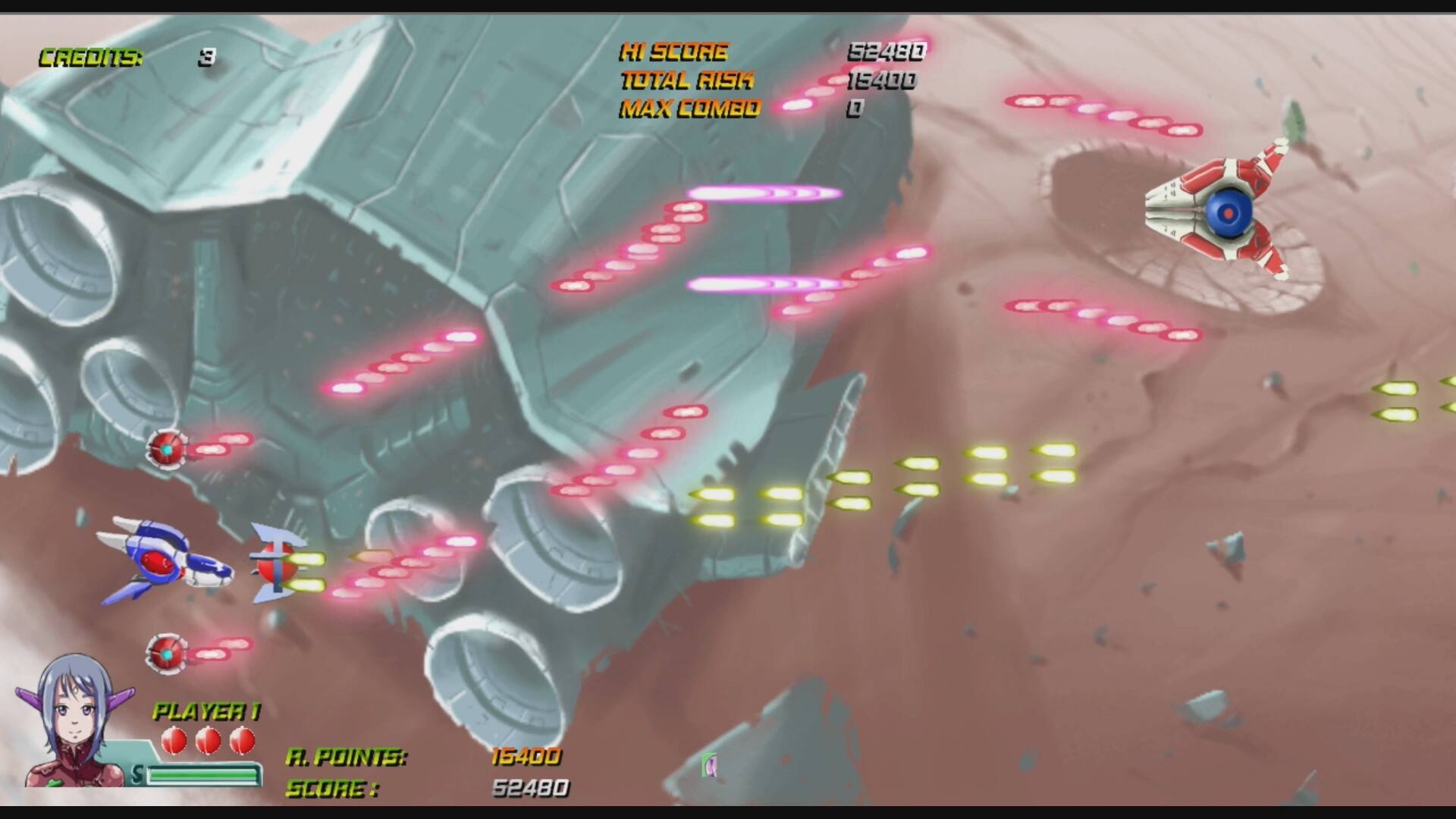 CGEDNS:  
- HI SCORE: 52480  
- TOTAL RISK: 15400  
- MAX COMBO: 0  

PLAYER 1  
- HP POINTS: 15400  
- SCORE: 52480