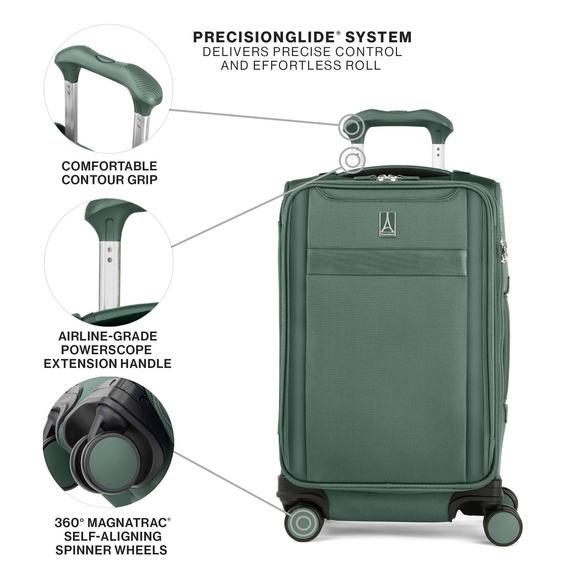 PRECISIONGLIDE® SYSTEM DELIVERS PRECISE CONTROL AND EFFORTLESS ROLL

COMFORTABLE CONTOUR GRIP

AIRLINE-GRADE POWERSCOPE EXTENSION HANDLE

360° MAGNATRAC® SELF-ALIGNING SPINNER WHEELS