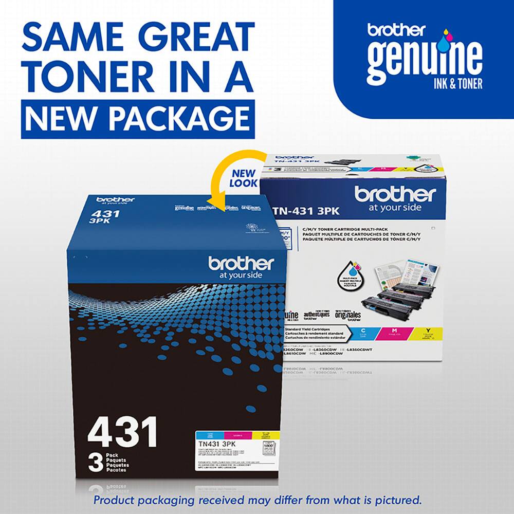 SAME GREAT TONER IN A NEW PACKAGE brother genuine INK & TONER Ber ... brother 431 3PK NEW LOOK brother at your side TN-431 3PK C/M/V TONES CARTRINGE MULTI-RACK W/Y PAIUET PUATIFLE DE CARTOUCHES DE TONTR CMN O PARUETS MULTIPLE -E EARTVENDS DE TONES CI brother at your side Adda uine autheol.ques onginales -  Cpens TaN aenes Cartouches - tacter 4 C M S LESOCOW AAMOCOWT AOCON ME LoW T eadocom SPOCOAL resencnLo 431 Pack 3 Paquetes Pacuetes Pacotes TN431 3PK Product packaging received may differ from what is pictured.