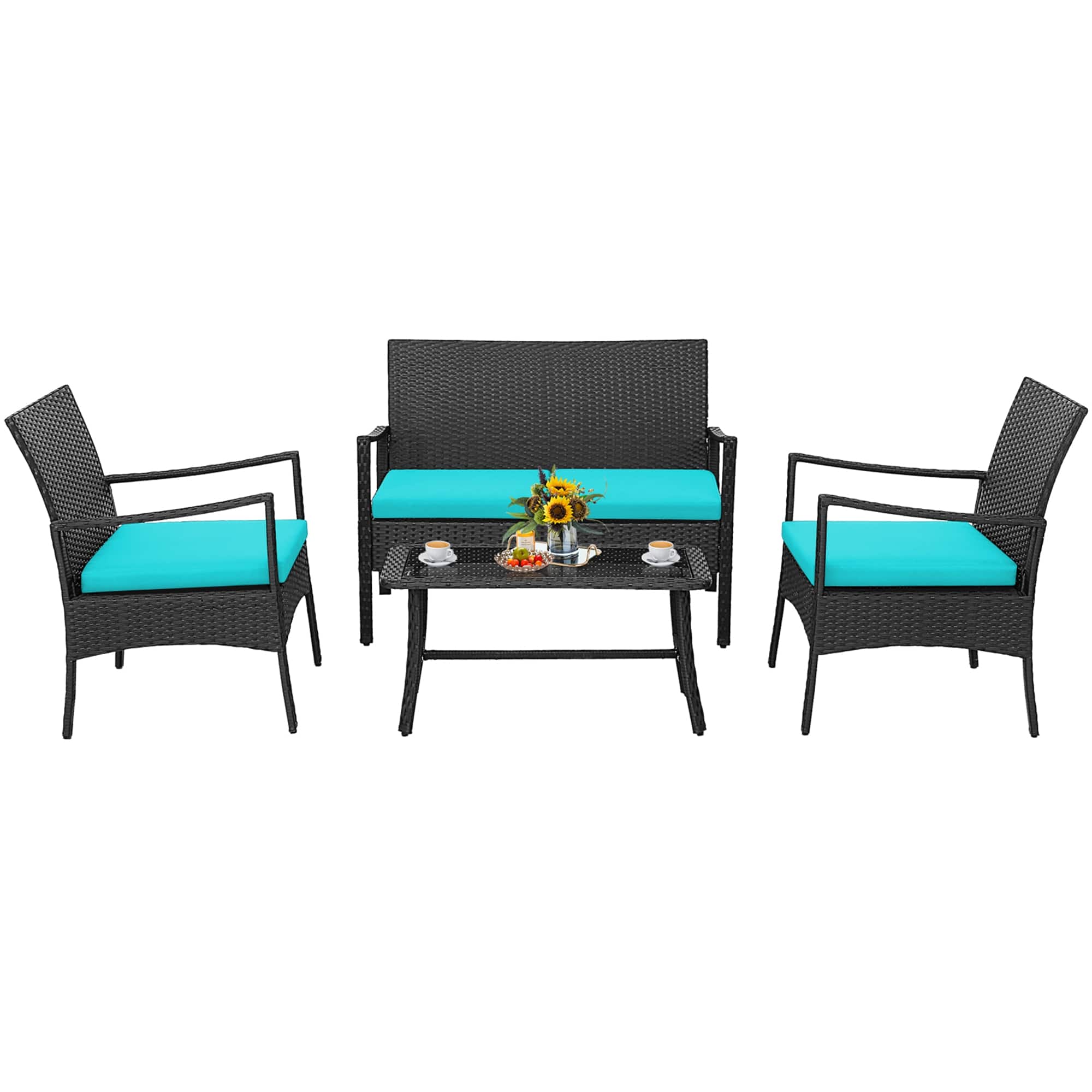 Costway - 4PCS Patio Wicker Furniture Set Cushioned Chairs& Loveseat with Coffee Table Garden - Turquoise