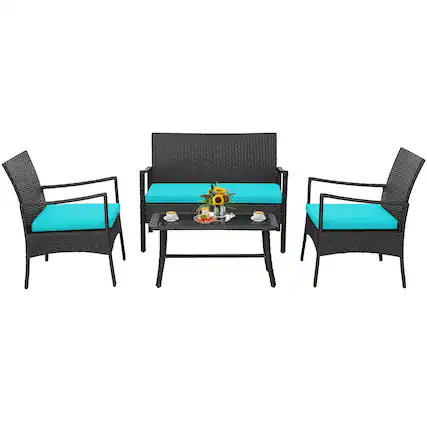 Front. Costway - Costway 4PCS Patio Wicker Furniture Set Cushioned Chairs& Loveseat with Coffee Table Garden - Turquoise.