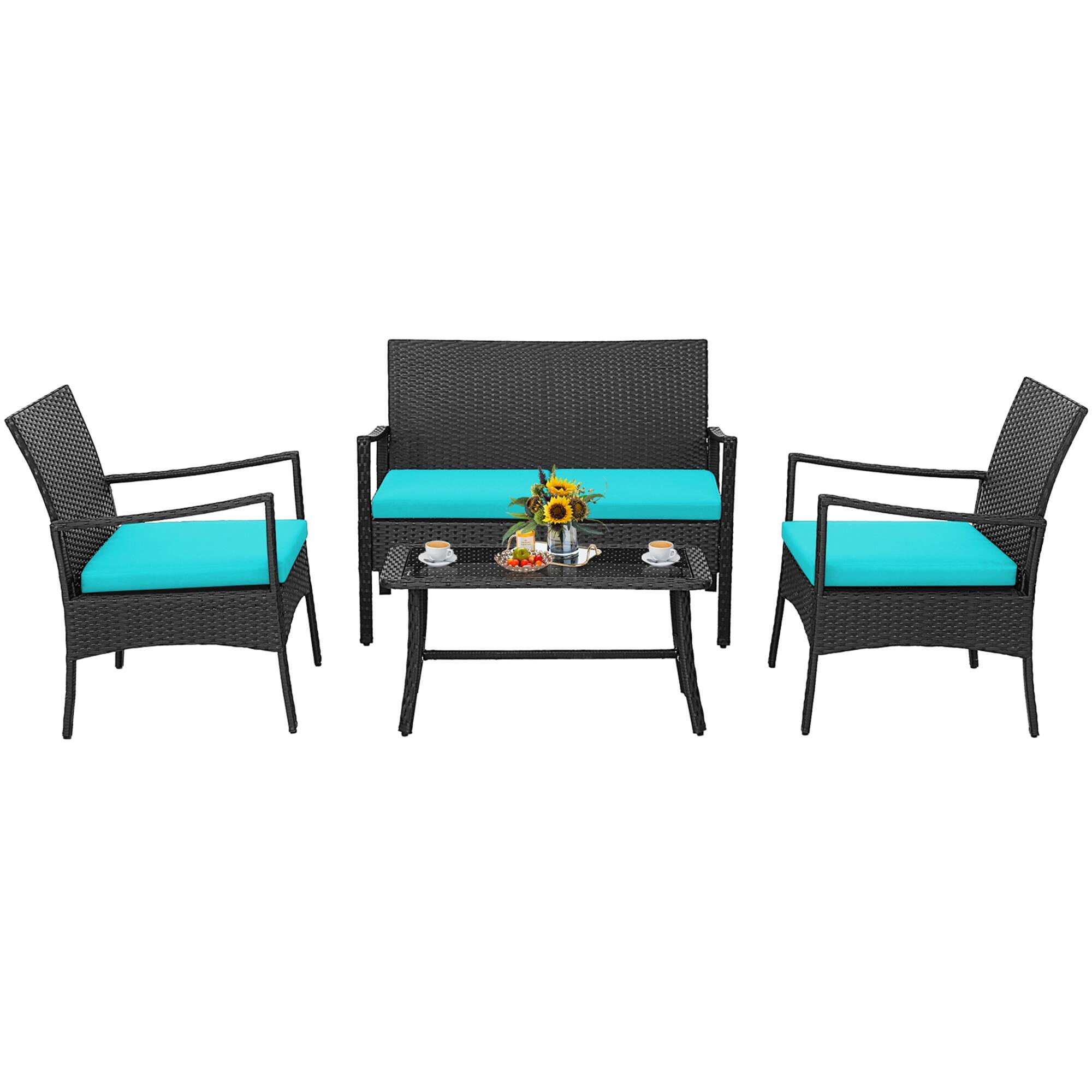 Costway - 4PCS Patio Wicker Furniture Set Cushioned Chairs& Loveseat with Coffee Table Garden - Turquoise