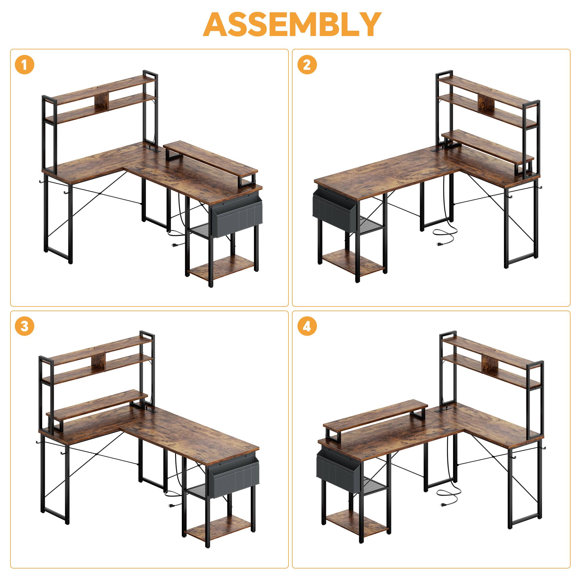 Alt View 1. Aheaplus - Small Reversible L-Shaped Gaming Desk: LED Lights, Power Outlets, Monitor Stand & Storage for Home Office Corner - Rustic Brown.
