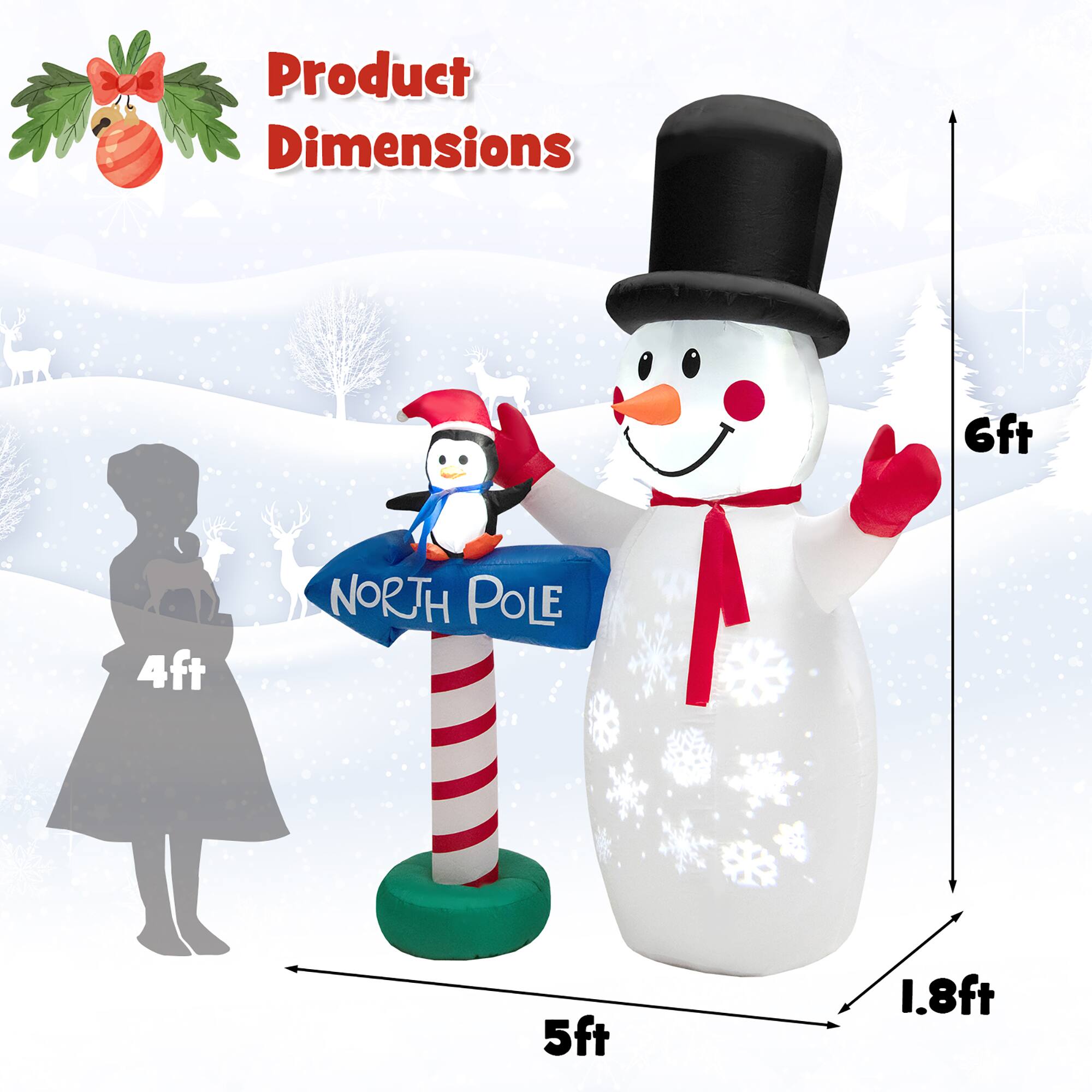 The text on the image is grouped as follows:
1. Product Dimensions: 6ft 4ft NORTH POLE 5ft 1.8ft