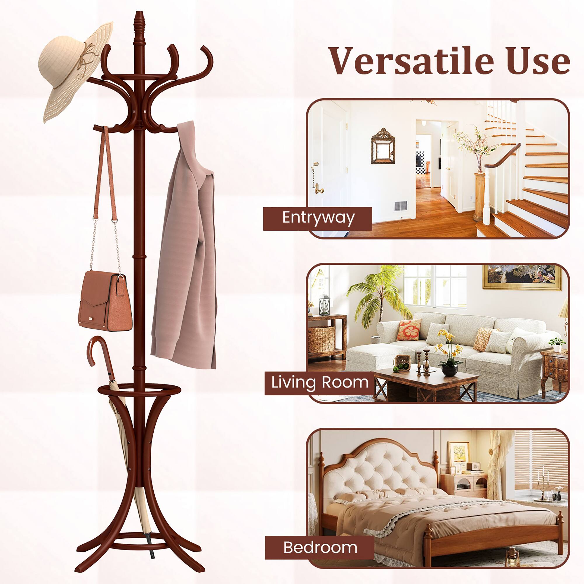 Gymax Coat Rack w/ Umbrella Holder 73'' Freestanding Coat Hanger