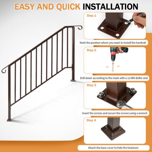 EASY AND QUICK INSTALLATION

Step 1: Mark the position where you want to install the handrail

Step 2: Drill down according to the mark with a 12 MM driller

Step 3: Insert the screws and secure the screws using a wrench

Step 4: Attach the base cover to hide the fasteners