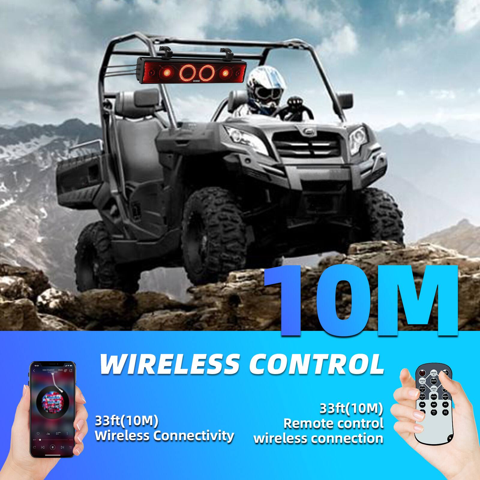 - 10M WIRELESS CONTROL
- 33ft(10M) Remote control wireless connection
- 33ft(10M) Wireless Connectivity