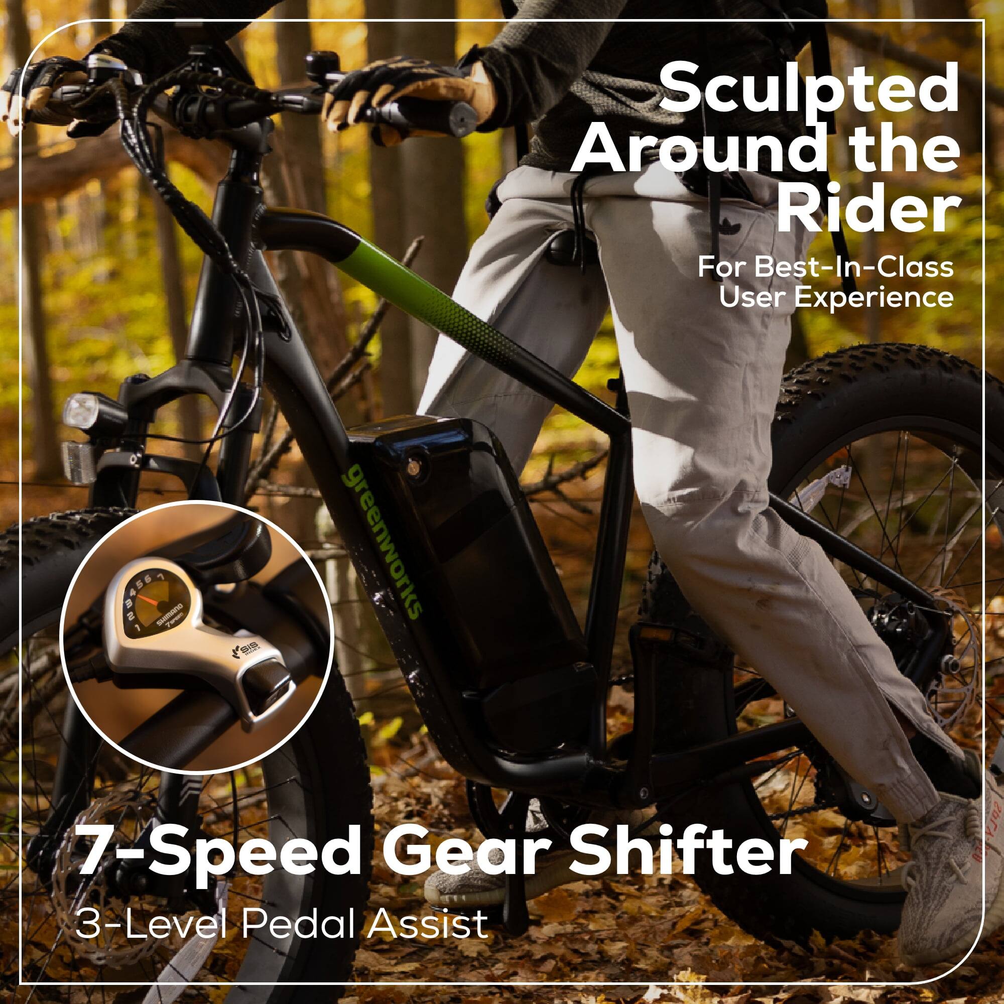 Alt View 4. Greenworks - Greenworks 60V Electric Mountain Bike for Adults & Teens, 26" Fat Tires, 7-Speed, Green (No Battery) - Green.