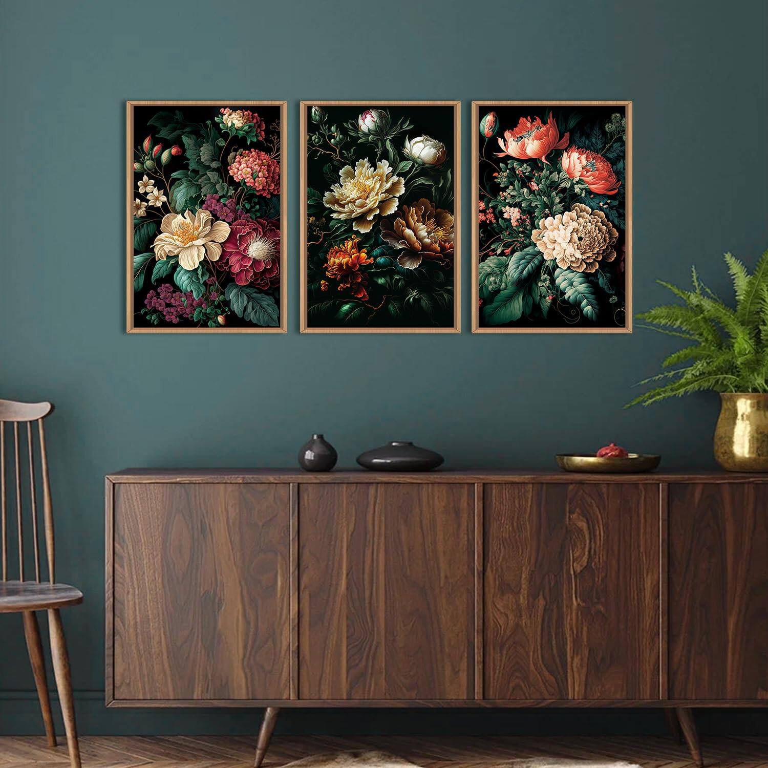 Alt View 2. Fabibe - Moody Floral Wall Art Canvas Set, Framed Dark Botanical Wall Painting, Large Black Academia Wall Painting, Academia Art - Dark Botanical 16"L x 24"W.