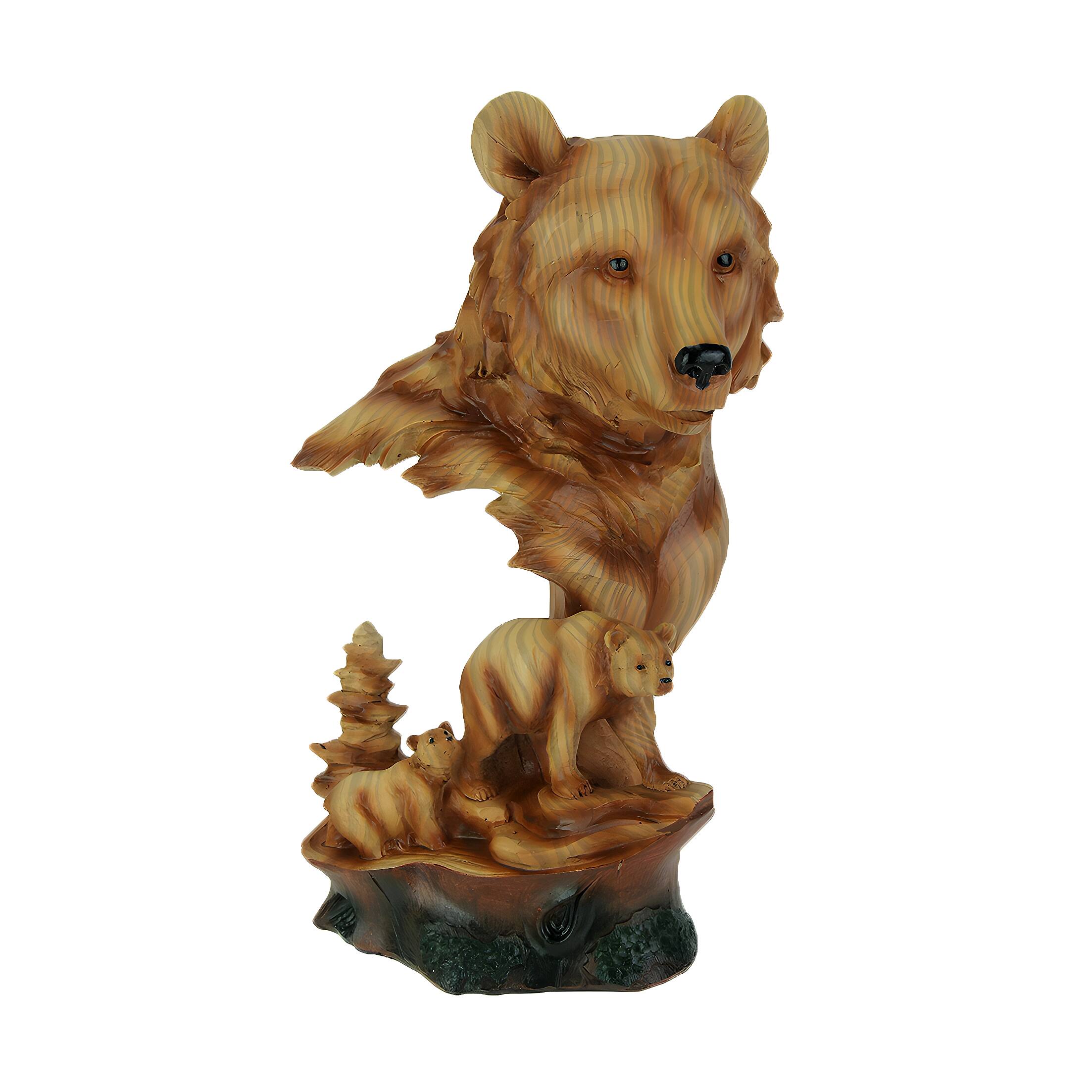 Front. Zeckos - Faux Carved Bear Head and Family Wood Look Statue - Brown.