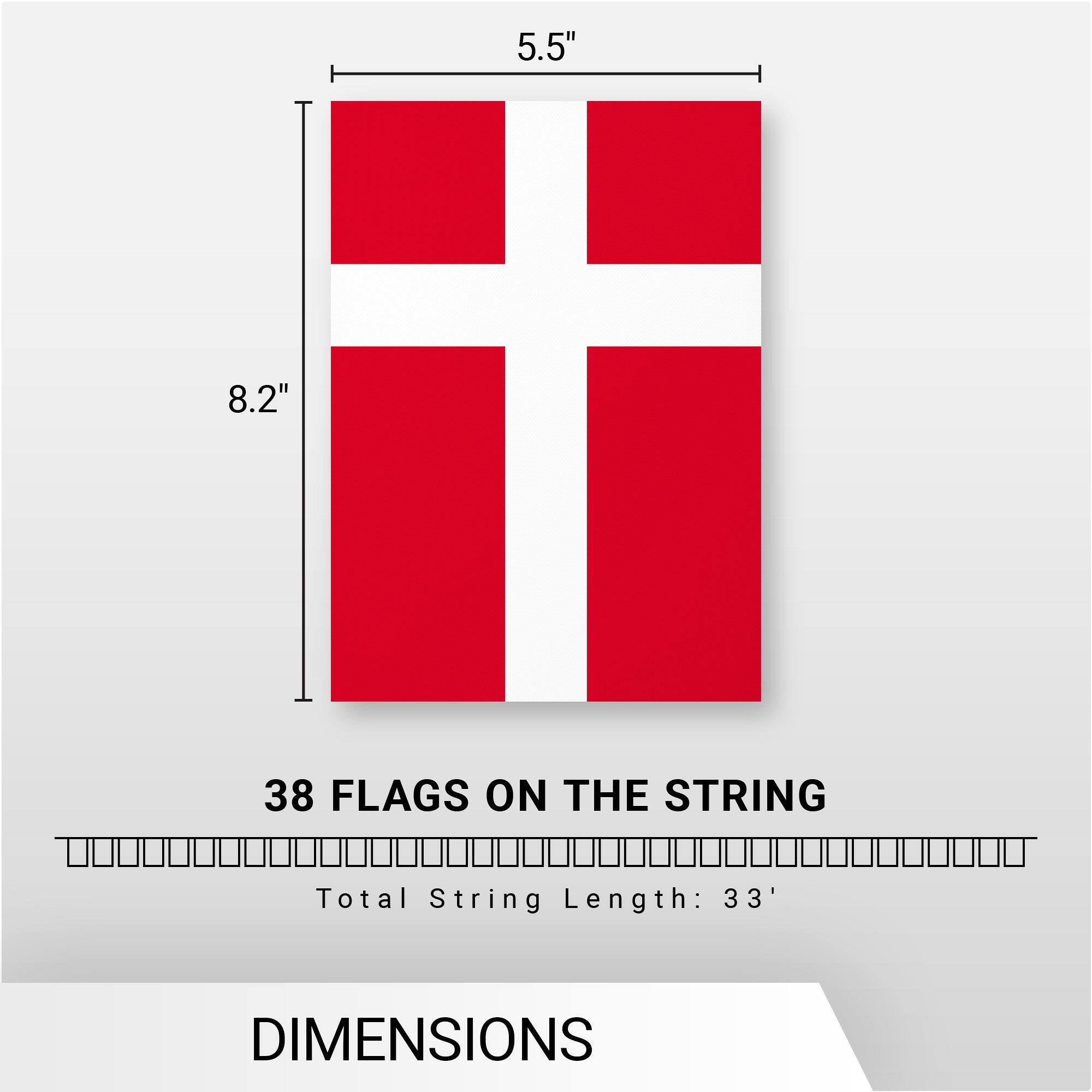 5.5"  
8.2"  
38 FLAGS ON THE STRING  
Total String Length: 33'  
DIMENSIONS