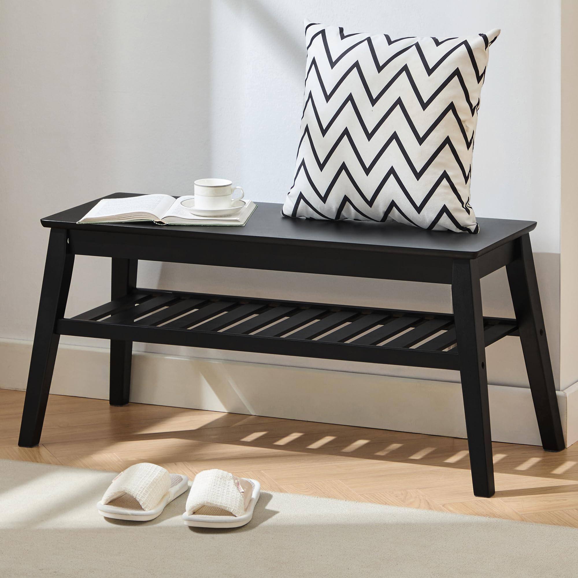 Front. Fabibe - Modern Bench Black Bamboo Entryway Bench, 33.46" Tier - Black.