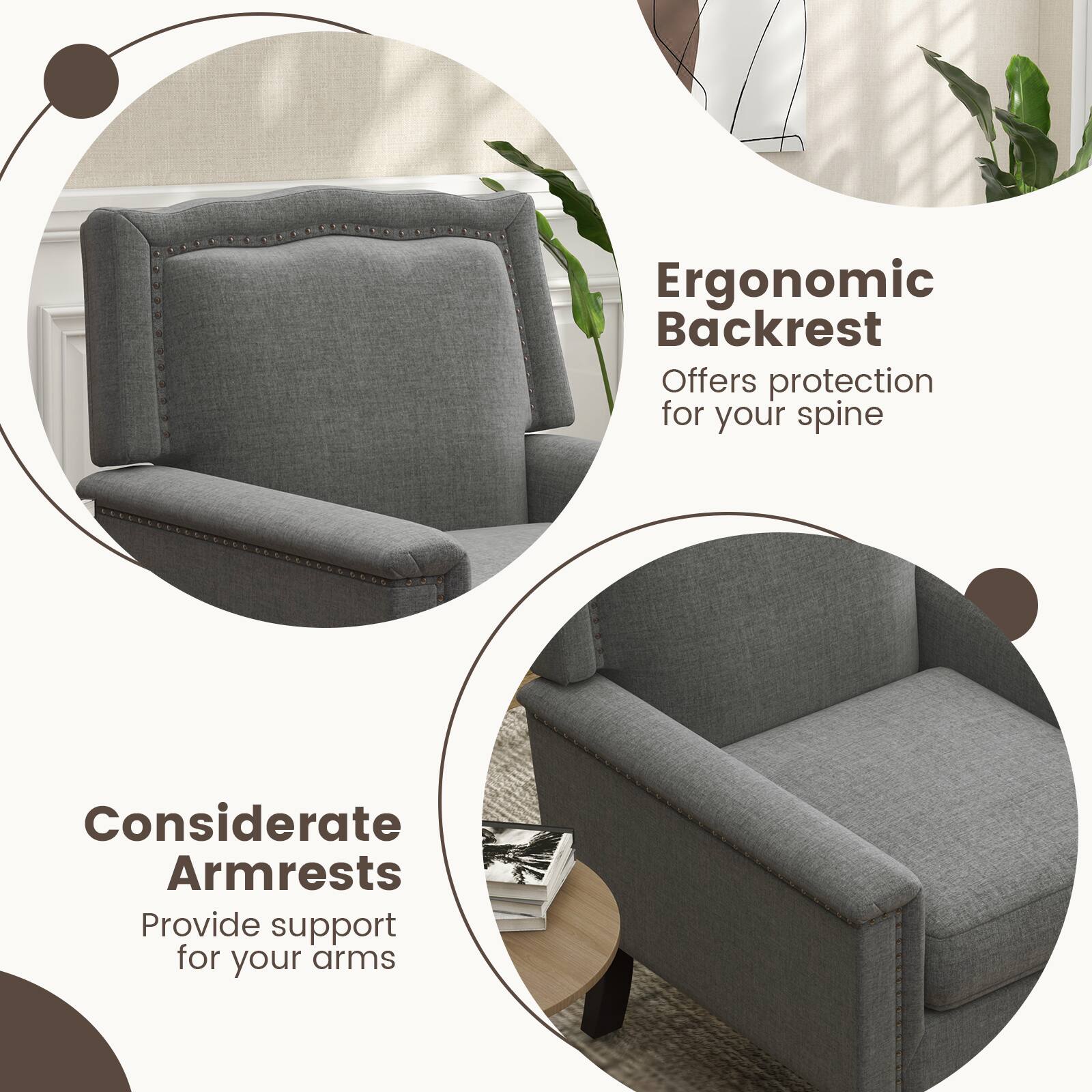 Ergonomic Backrest Offers protection for your spine
Considerate Armrests Provide support for your arms
