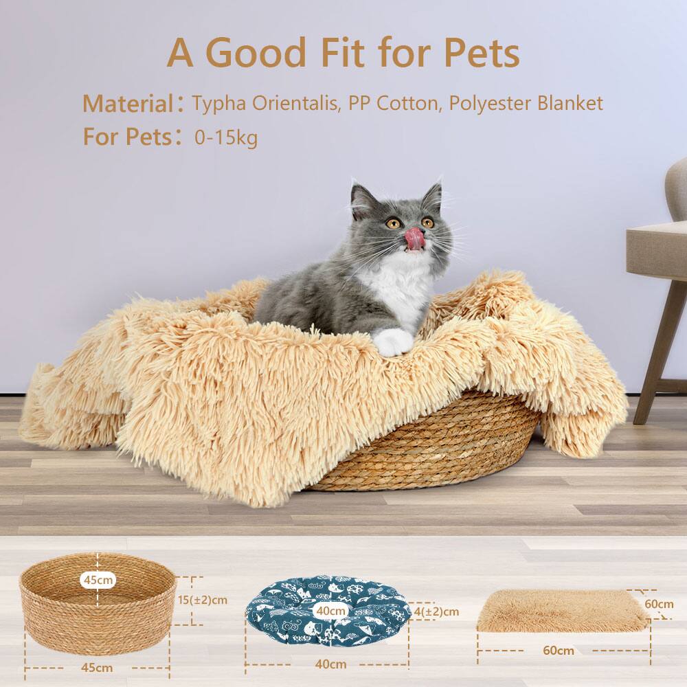 A Good Fit for Pets

Material: Typha Orientalis, PP Cotton, Polyester Blanket

For Pets: 0-15kg

Dimensions:
- 45cm x 45cm x 15(±2)cm
- 40cm x 40cm x 4(±2)cm
- 60cm x 60cm