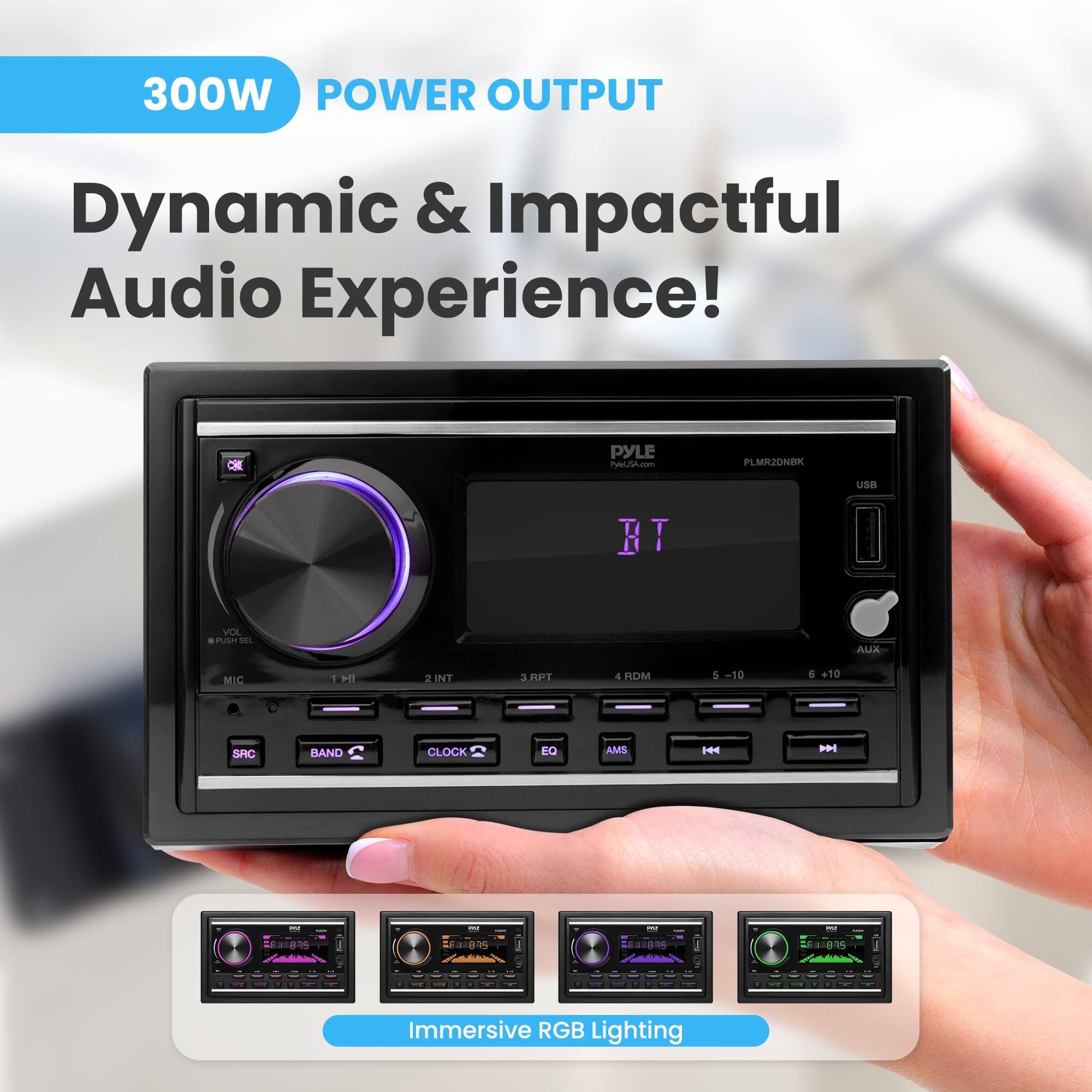 300W POWER OUTPUT  
Dynamic & Impactful Audio Experience!  

PYLE PwSA.com  
PLMR2DNBK  

USB BT VCX + P SEL AUX MIC 1 HI 2 INT 3 1 4 FDM 5 -10 6 +10 SRC BAND CLOCK DI AMIS H - i - - 1 81815 - -  

Immersive RGB Lighting