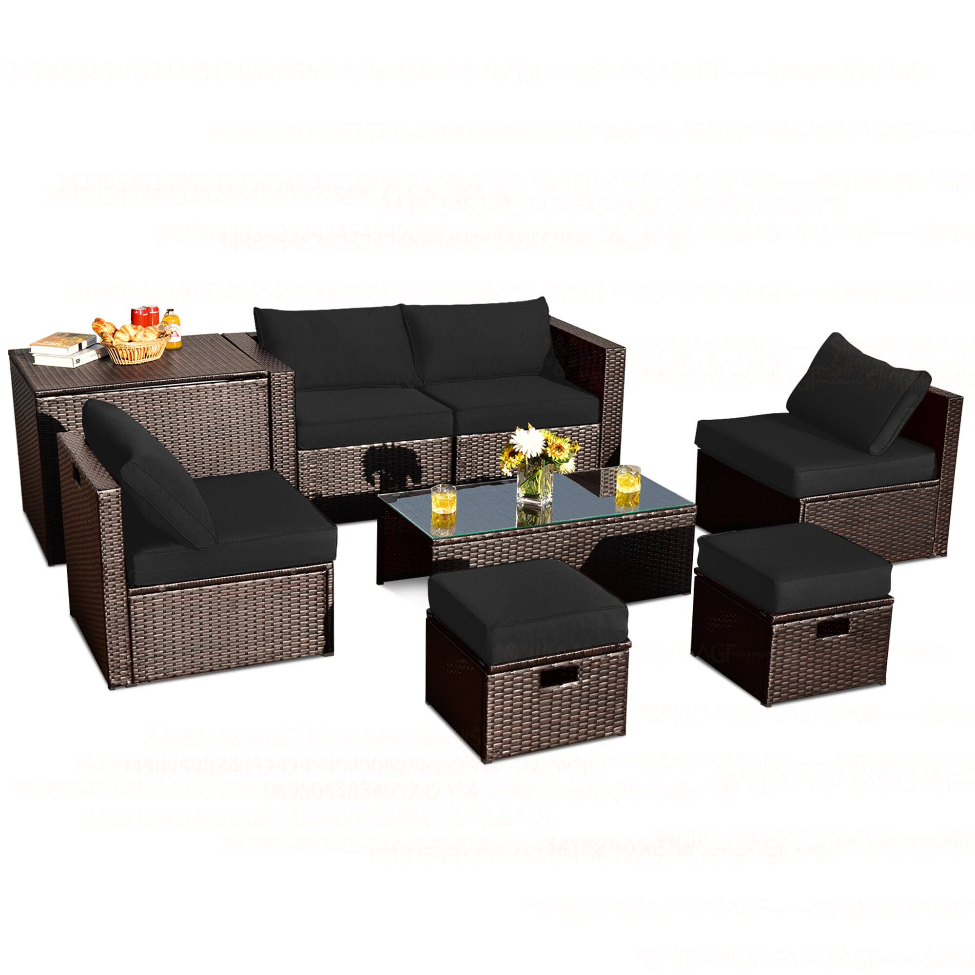 Costway - 8PCS Patio Rattan Furniture Set Space-Saving Storage Cushion Cover - Black