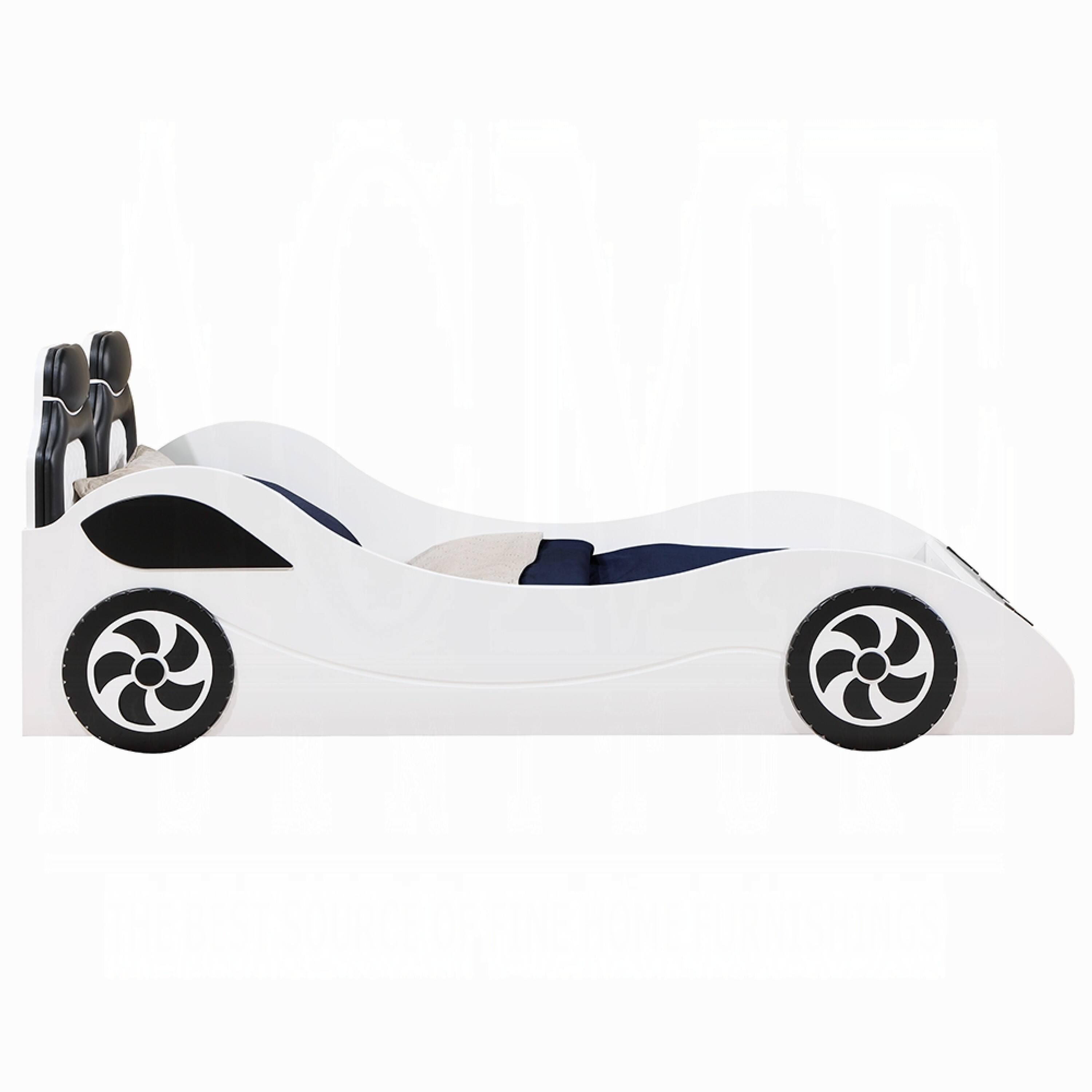Alt View 2. Manhattan Lane - Corey Twin Size White Car Bed, Wheel Trim, Built-In LED, White Wood - White, Black.