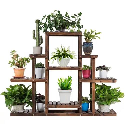 Back. SlickBlue - Farmhouse Style 6-Tier Wooden Bookcase and Plant Display Shelf.