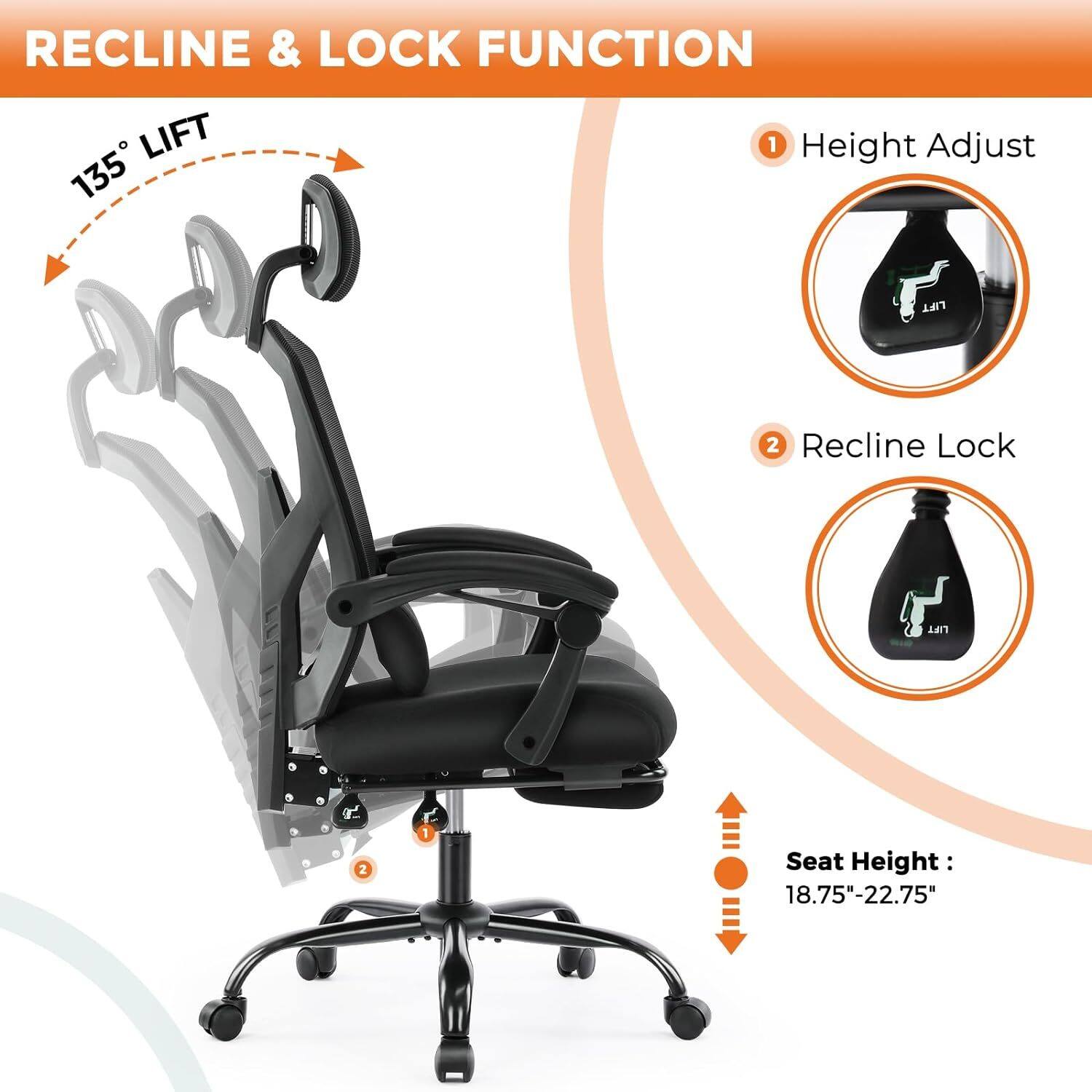 RECLINE & LOCK FUNCTION

135° LIFT

1. Height Adjust
2. Recline Lock

Seat Height: 18.75" - 22.75"