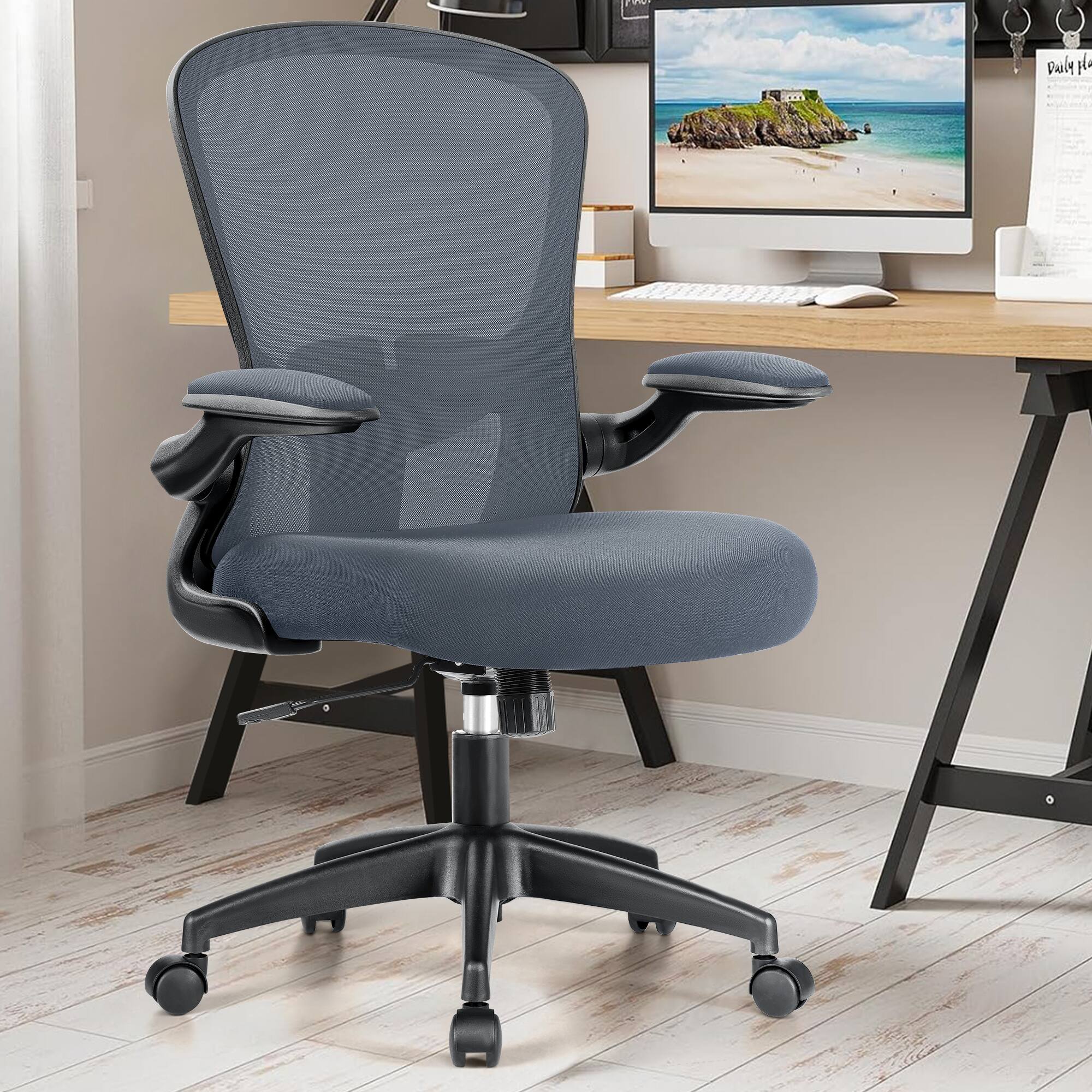 Left. Brick Attic - Office Desk Chairs, Ergonomic Swivel PC Desk Chair with Wheels Mesh Backrest, Adjustable Lumbar Support and Height - Dark Grey.