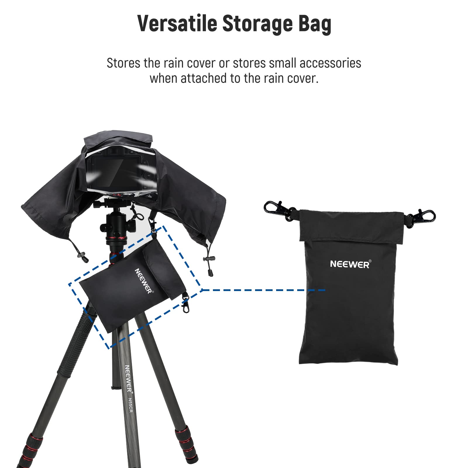 Versatile Storage Bag

Stores the rain cover or stores small accessories when attached to the rain cover.

NEEWER NSSCR