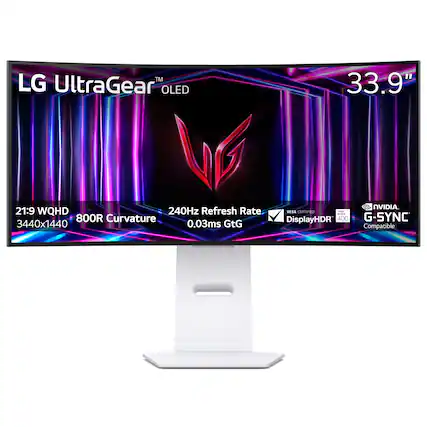 The text on the image reads: "TM LG UltraGear OLED 33.9" 21:9 WQHD 240Hz Refresh Rate 800R Curvature 3440x1440 0.03ms GtG NVIDIA BESA CERTIFED i Ka DisplayHDR 400 G-SYNC Compatible."
