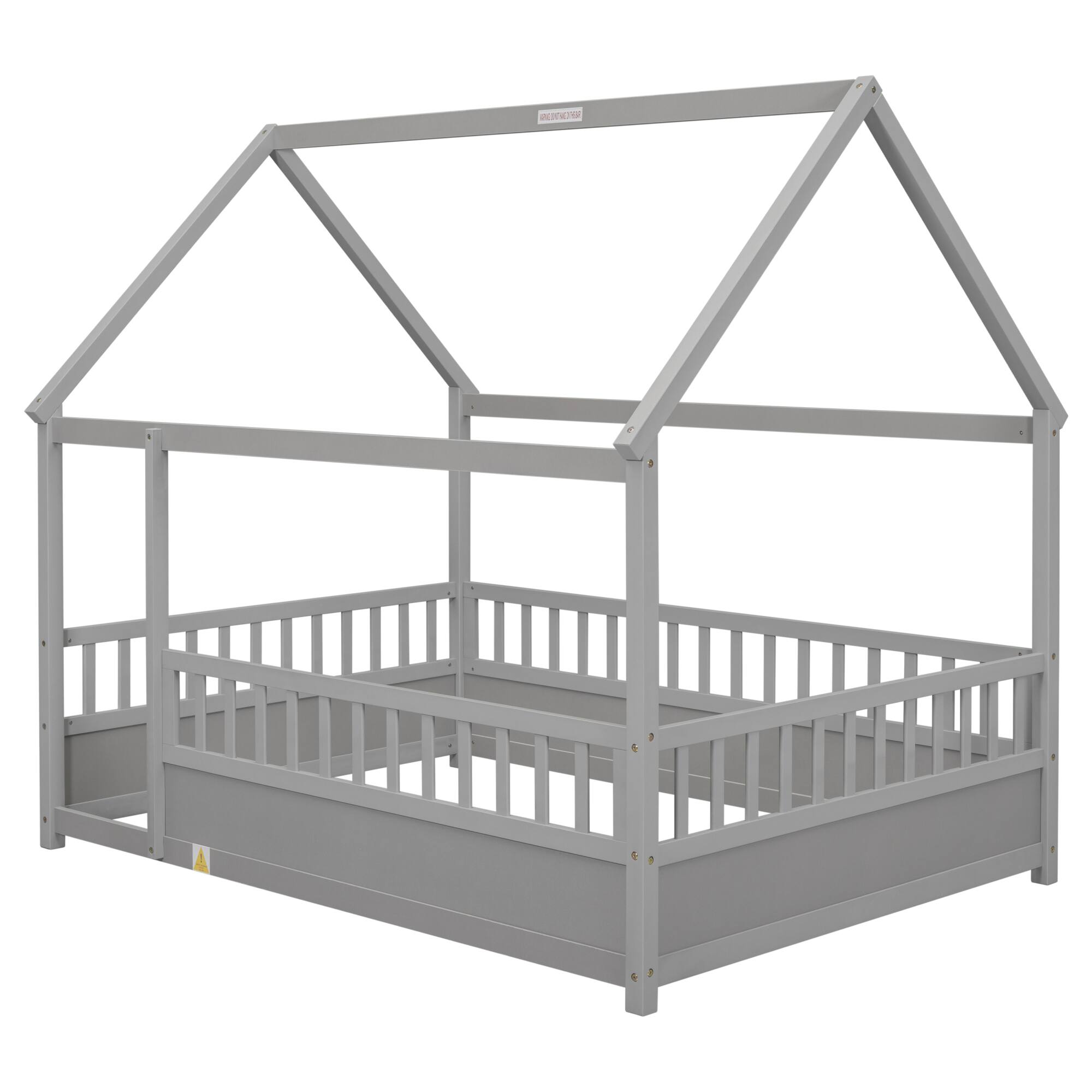Alt View 5. GOODSILO - Full Size Floor Bed with Decorative House Roof Frame and Safety Guardrails for Children's Bedroom - Grey.