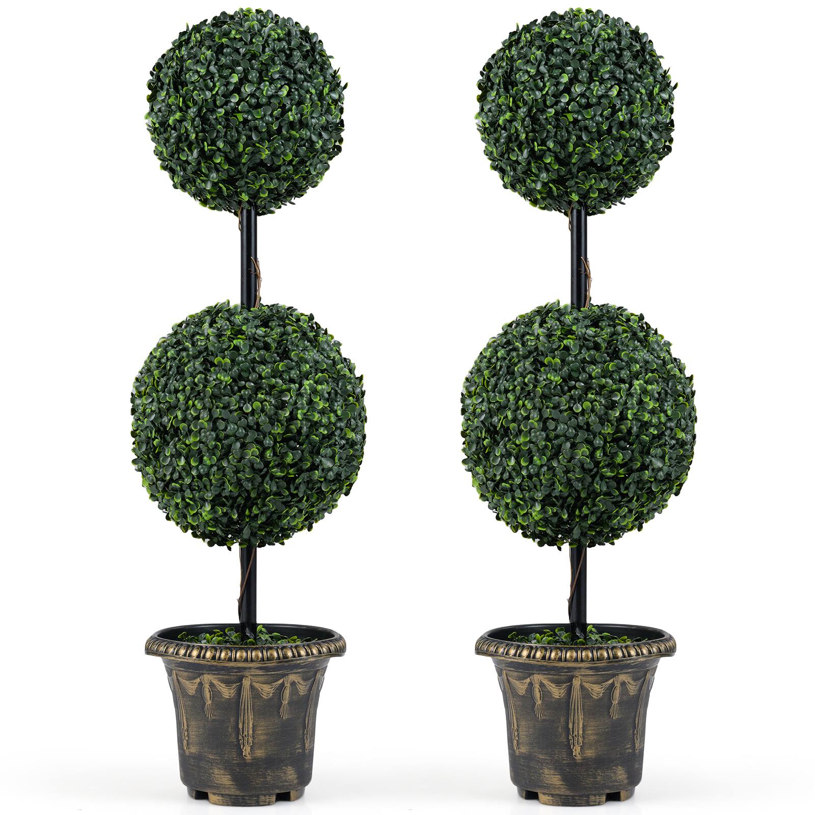 Gymax - 2PCS 3 FT Artificial Boxwood Topiary Tree Sun-Protective Double Ball Shrubs - Green